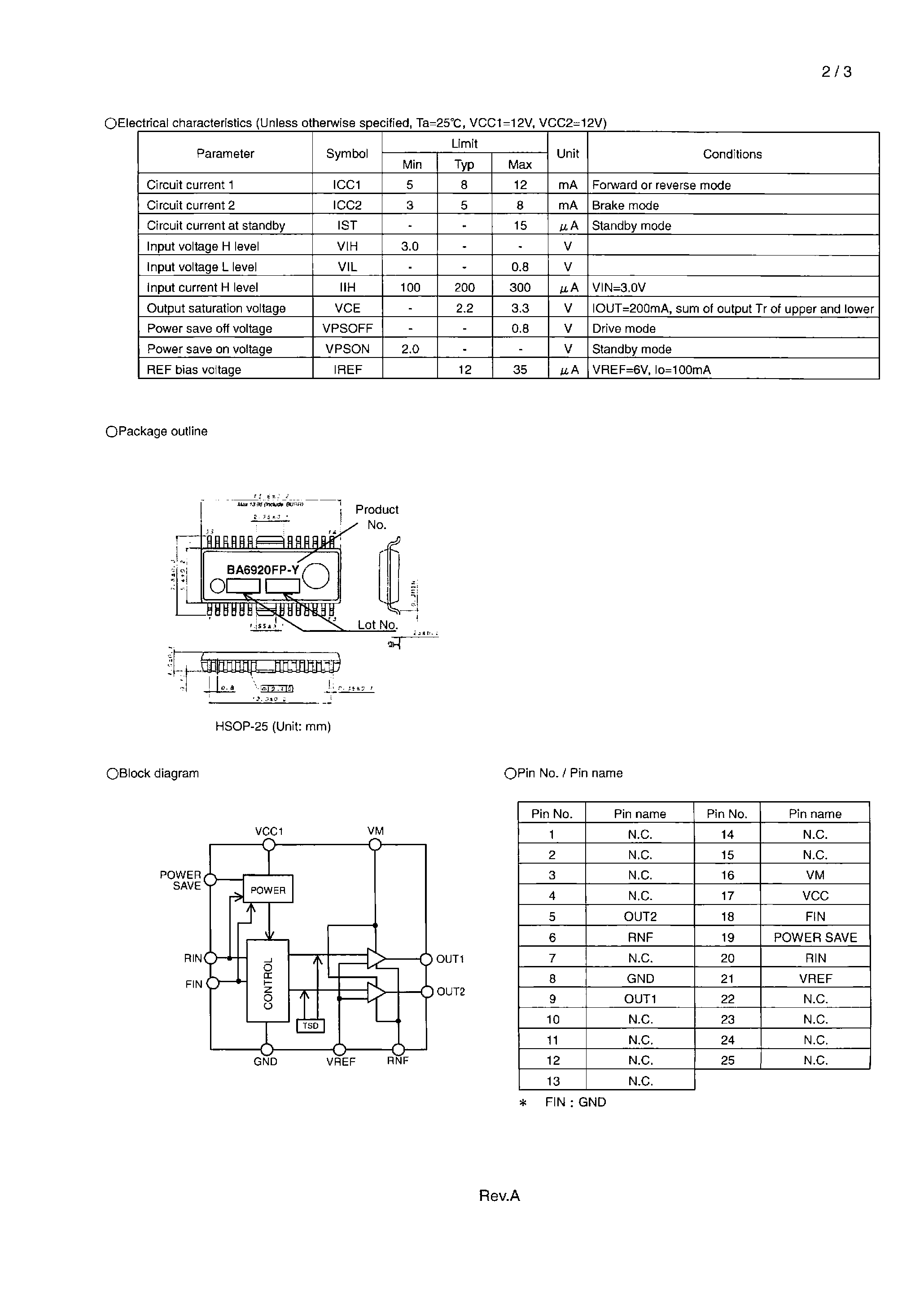 Datasheet BA6920FP-Y - Reversible Motor Driver page 2