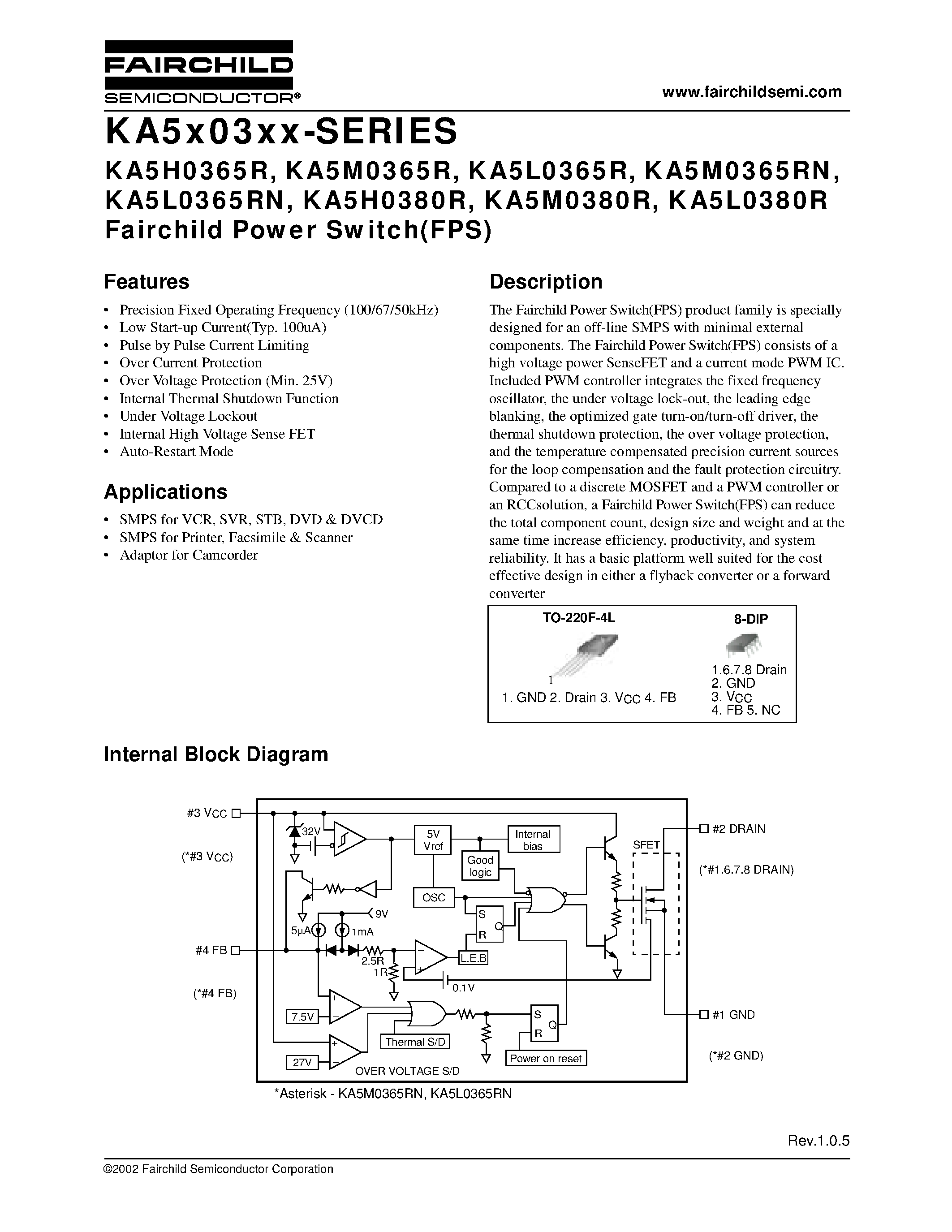 Datasheet 5M0380R - Fairchild Power Switch(FPS) page 1