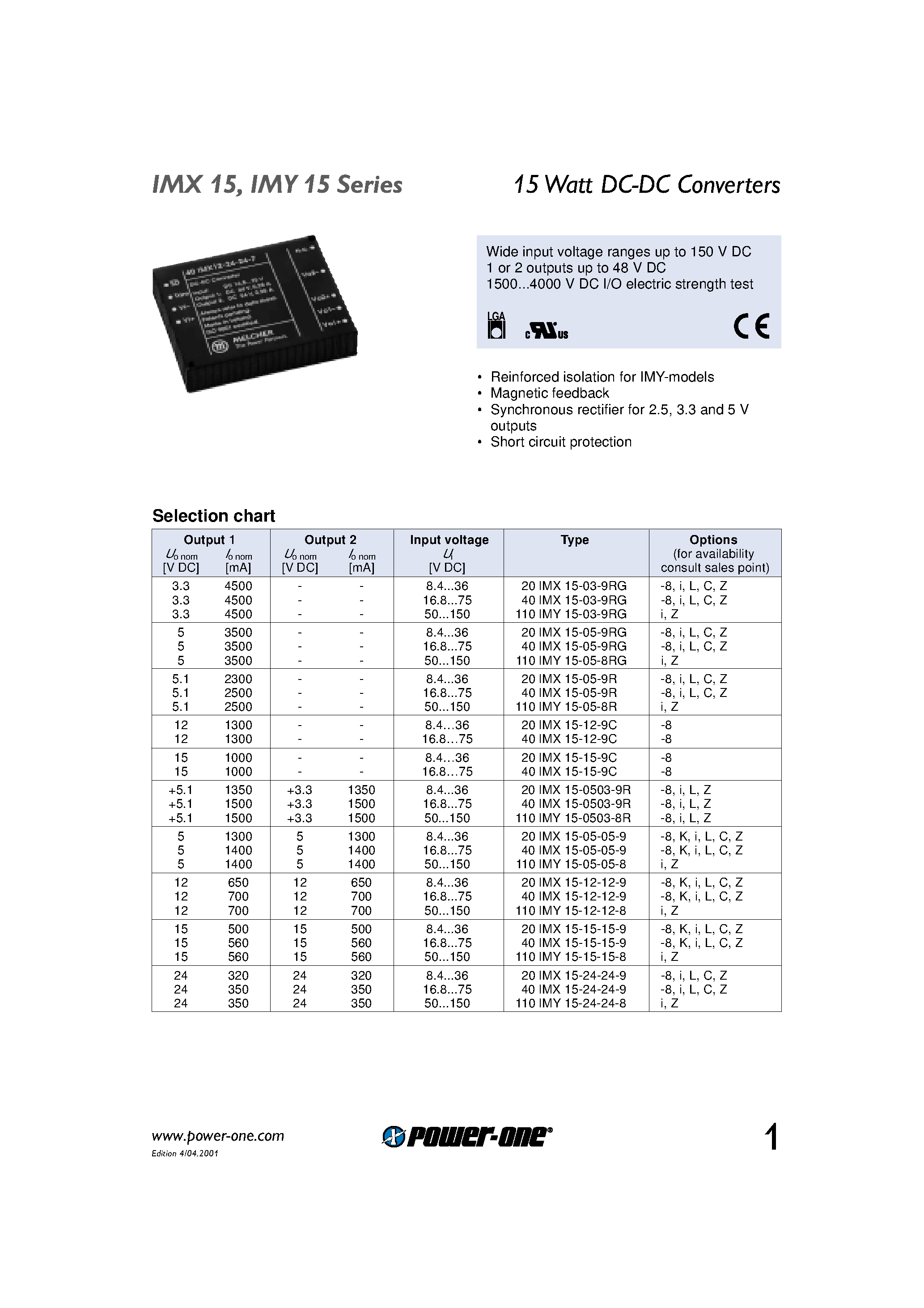 Datasheet 40IMX15-12-12-9 - 15 Watt DC-DC Converters page 1