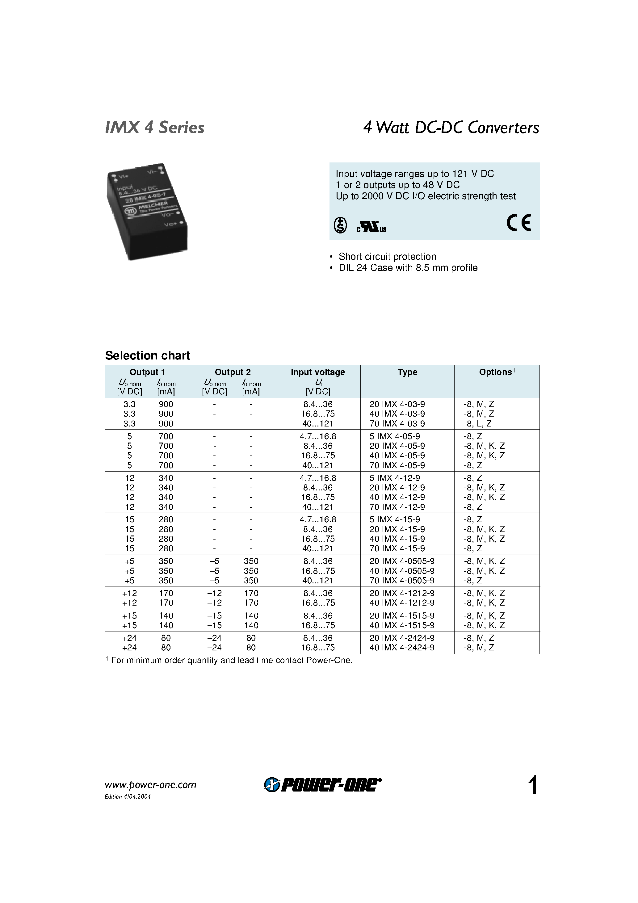 Datasheet 40IMX4-0505-9 - 4 Watt DC-DC Converters page 1