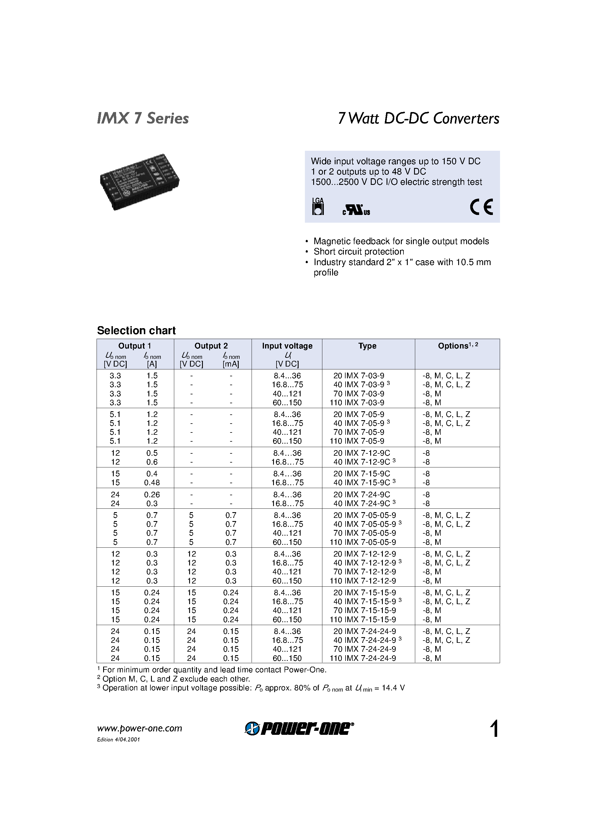 Datasheet 40IMX7-05-05-9 - 7 Watt DC-DC Converters page 1