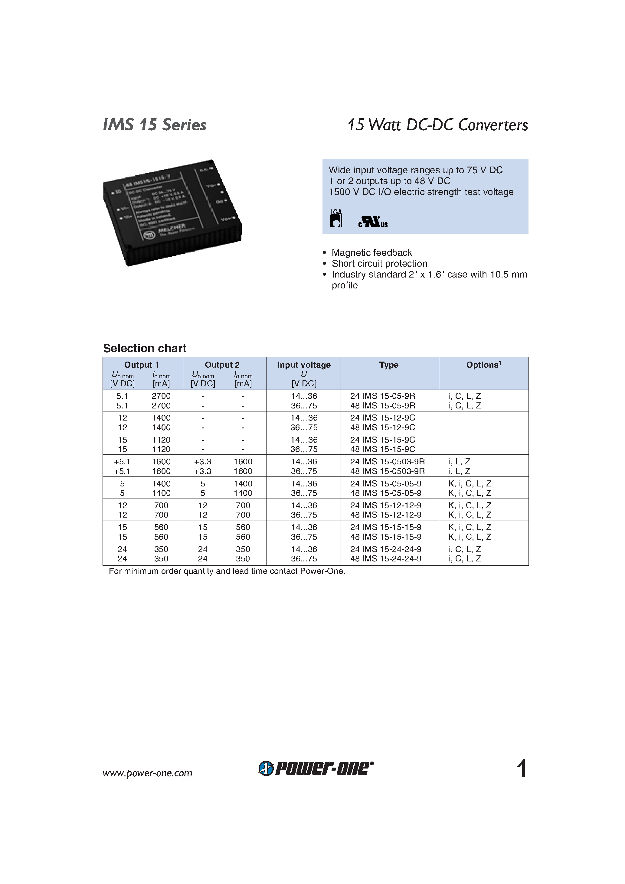 Datasheet 48IMS15-15-15-9 - 15 Watt DC-DC Converters page 1