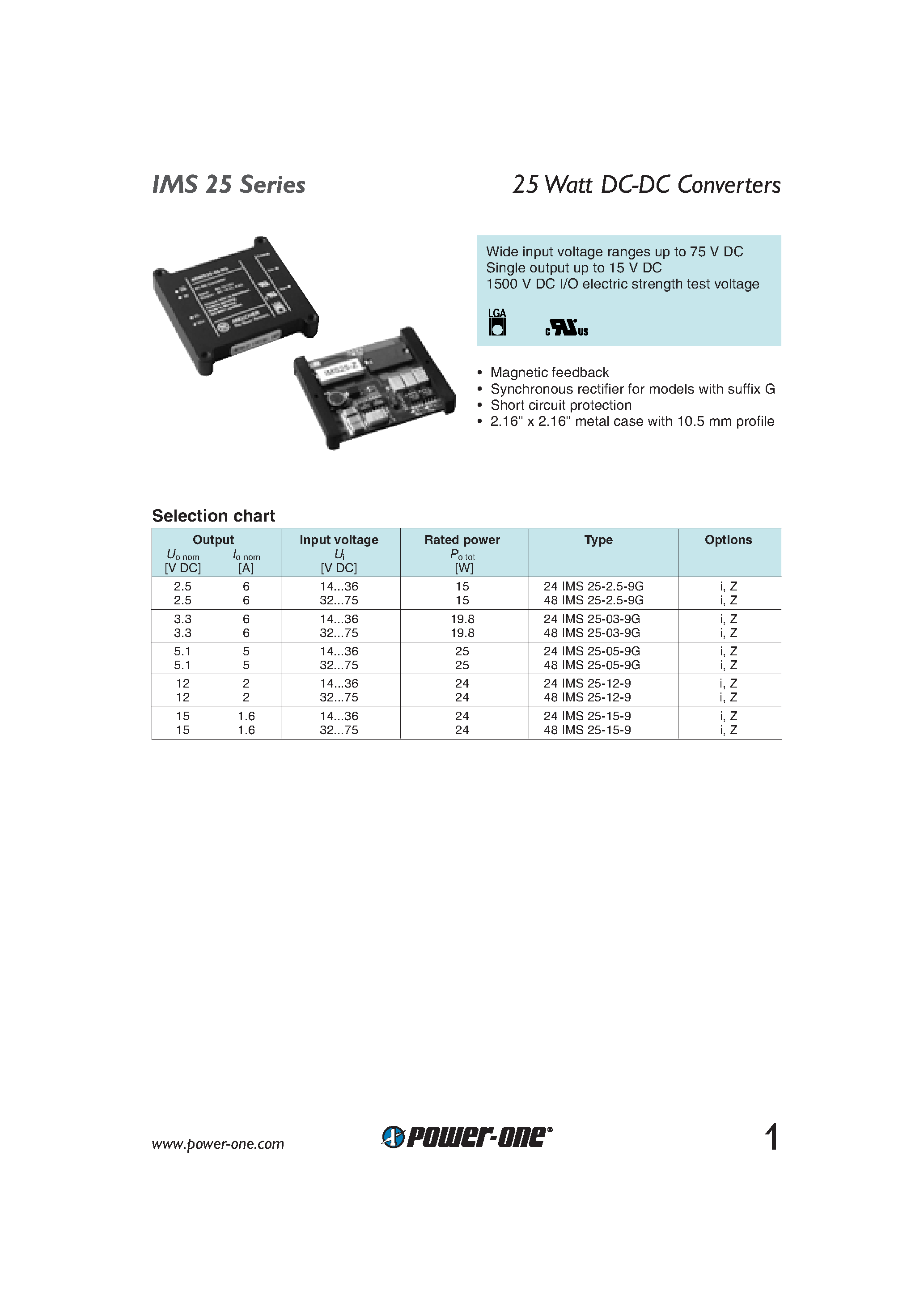 Datasheet 48IMS25-15-9 - 25 Watt DC-DC Converters page 1