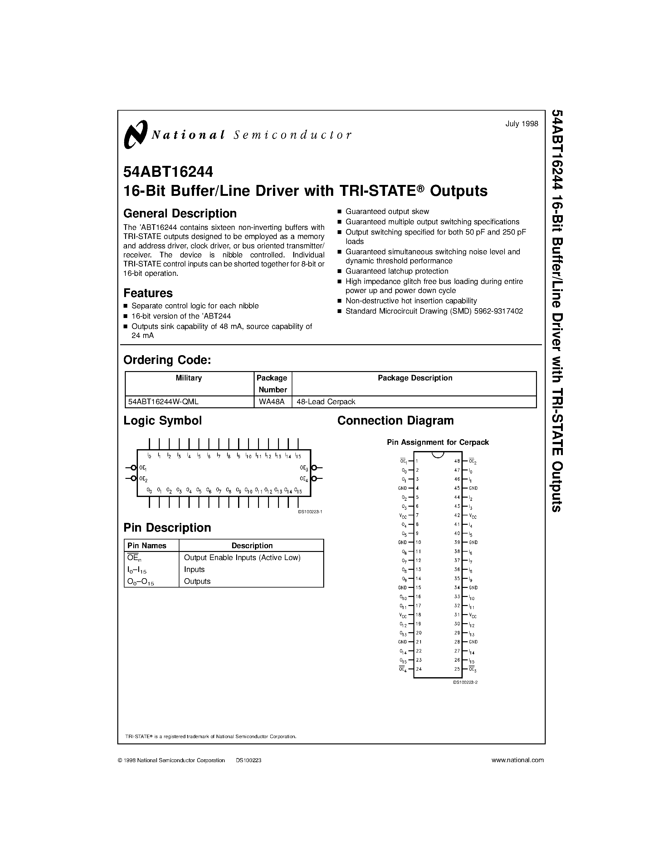 Datasheet 54ABT16244W-QML - 16-Bit Buffer/Line Driver with TRI-STATE Outputs page 1