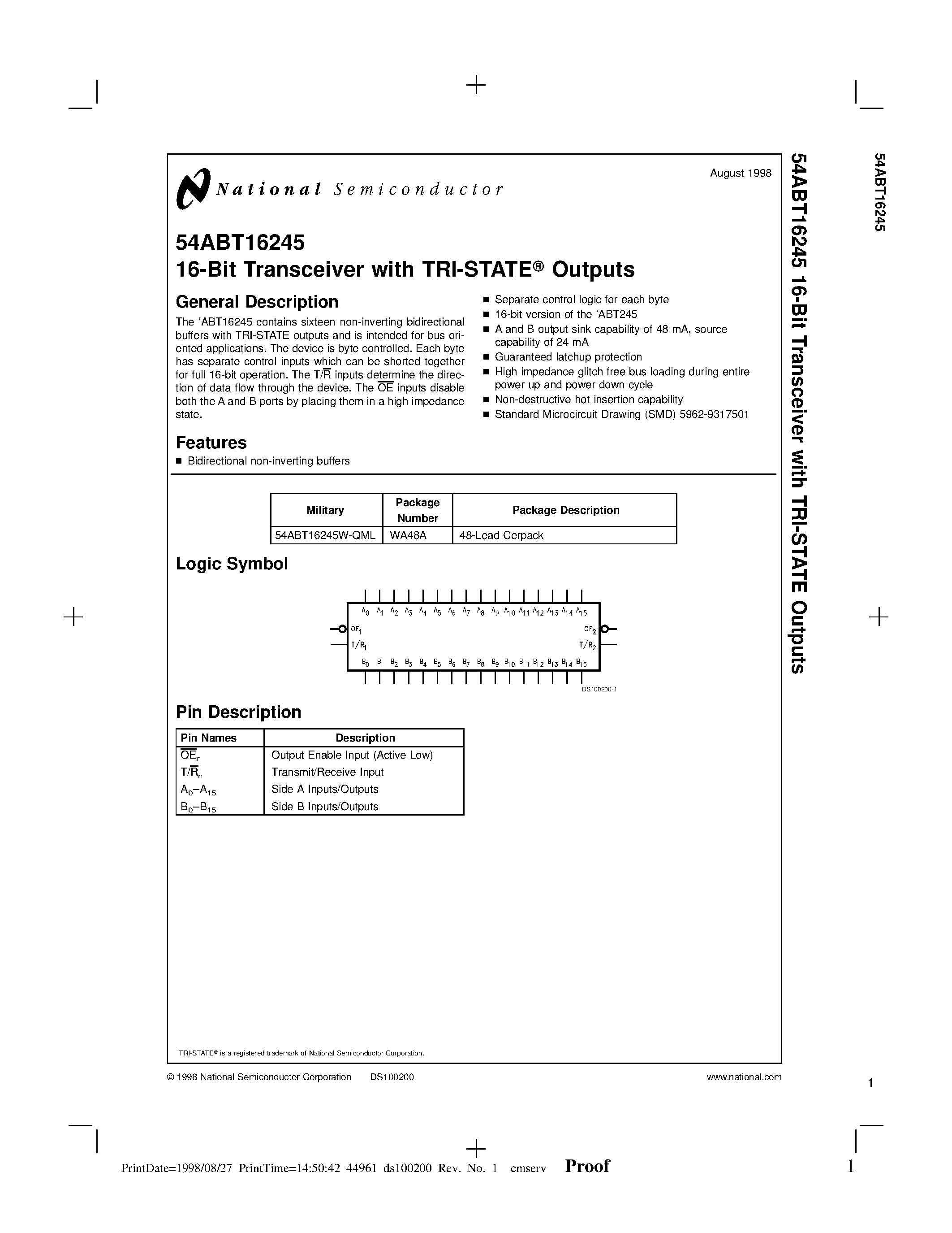 Datasheet 54ABT16245 - 16-Bit Transceiver with TRI-STATE Outputs page 1