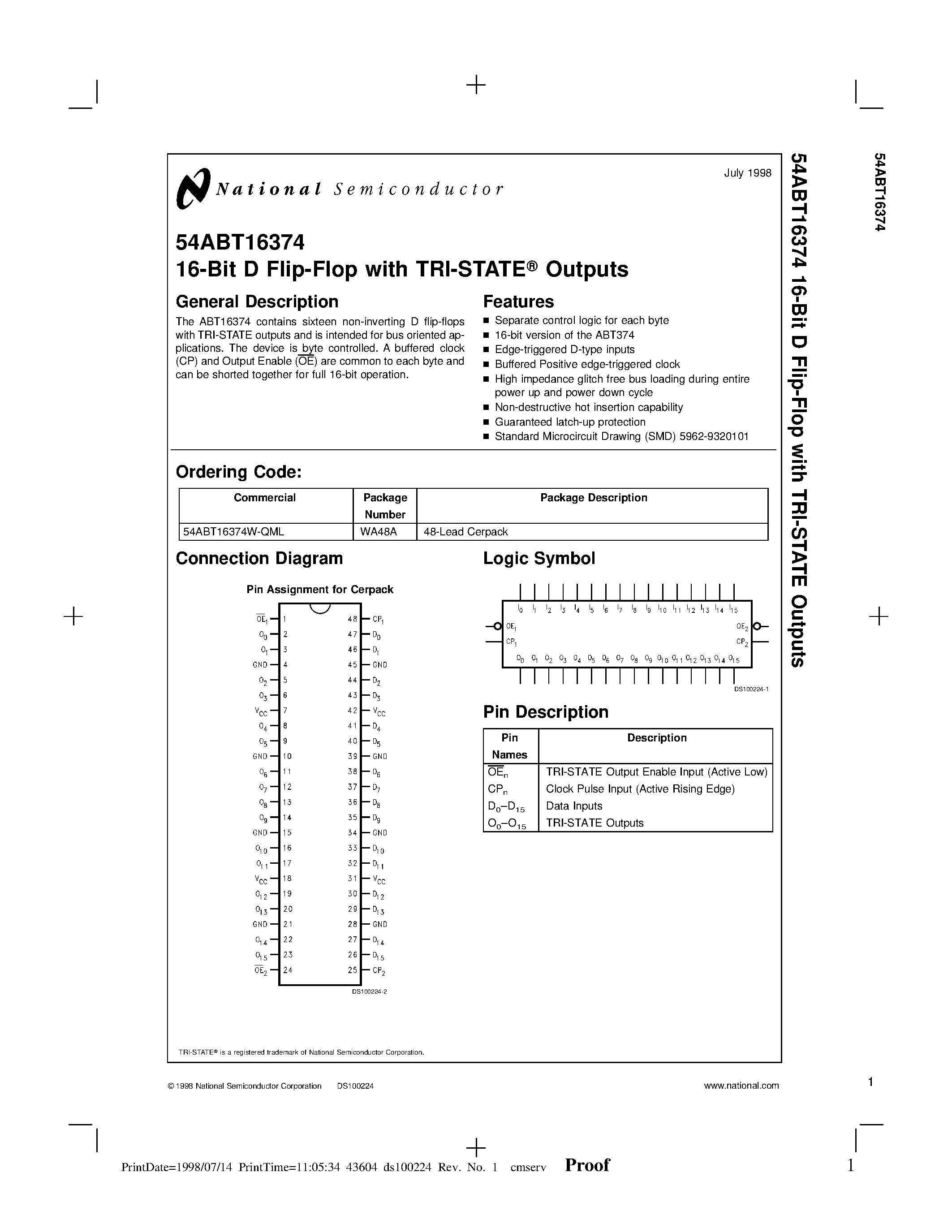 Datasheet 54ABT16374W-QML - 16-Bit D Flip-Flop with TRI-STATE Outputs page 1