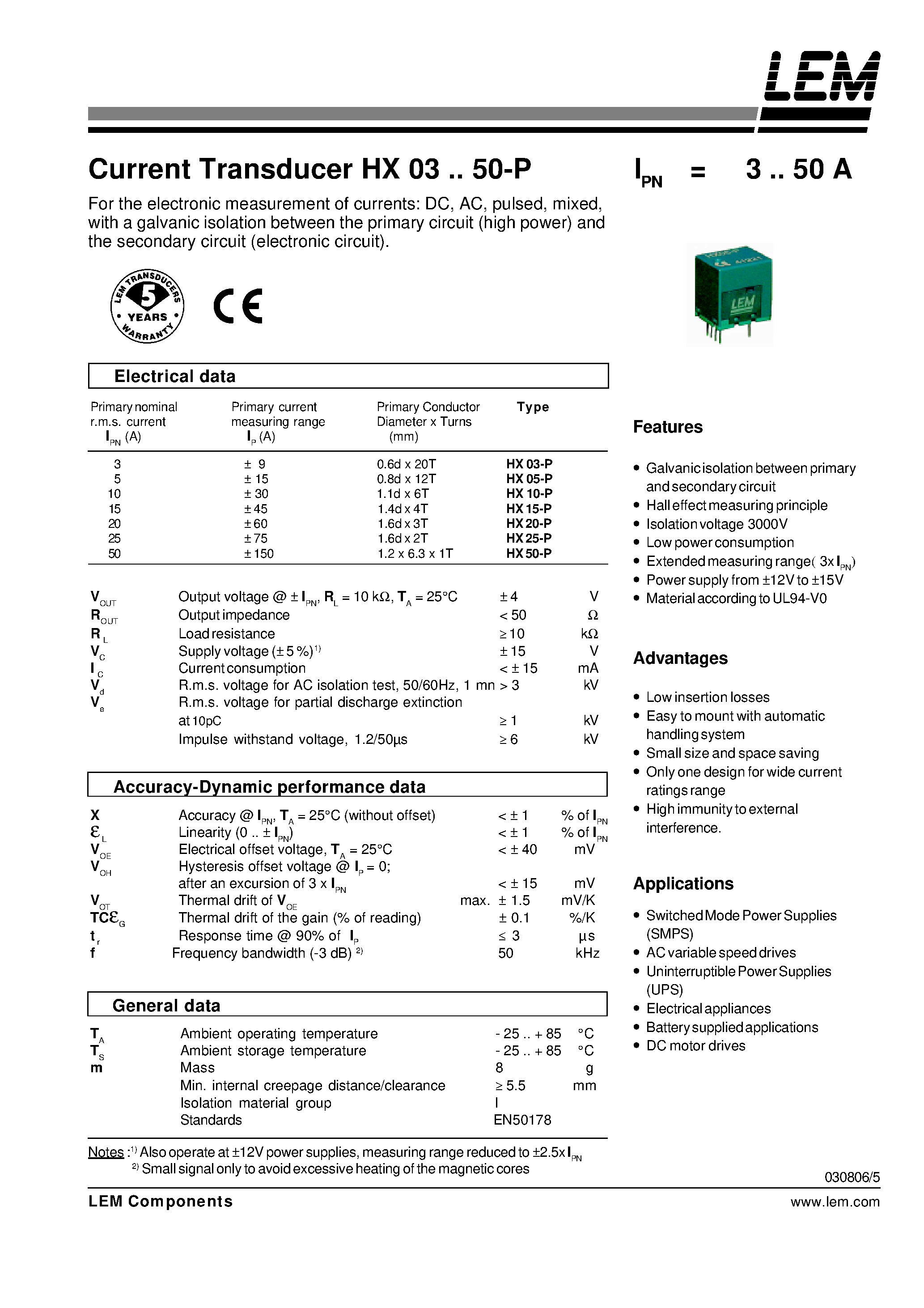 Даташит HX10-P - Current Transducer HX 03~50-P страница 1