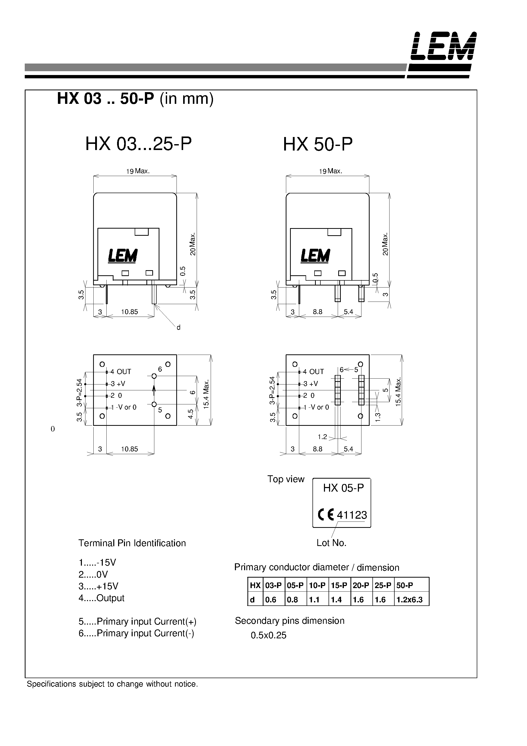 Datasheet HX25-P - Current Transducer HX 03~50-P page 2