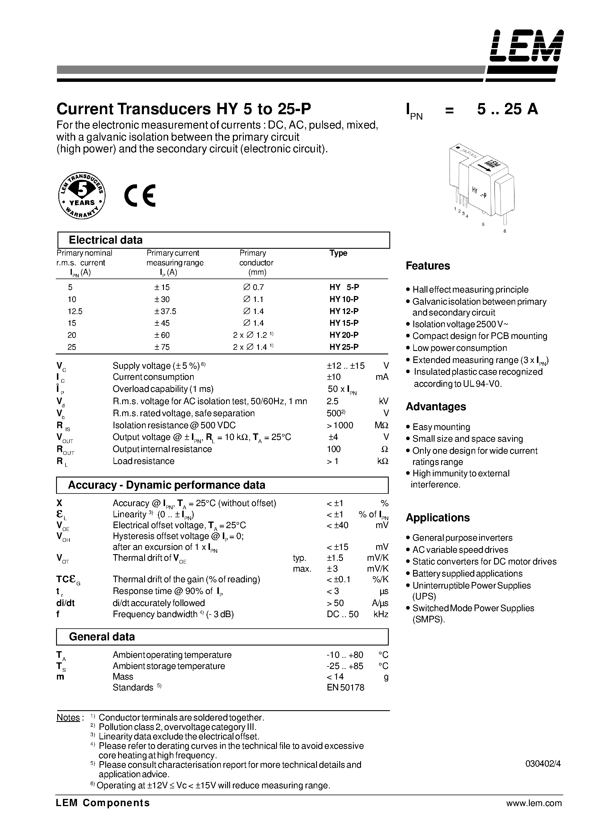 Datasheet HY10-P - Current Transducers HY 5 to 25-P page 1
