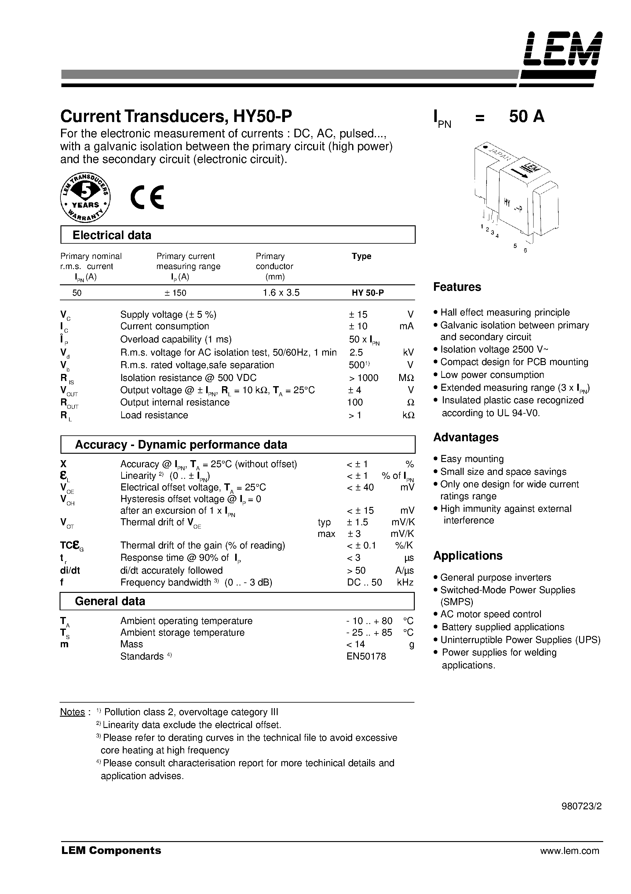 Даташит HY50-P - Current Transducer HY 50-P страница 1