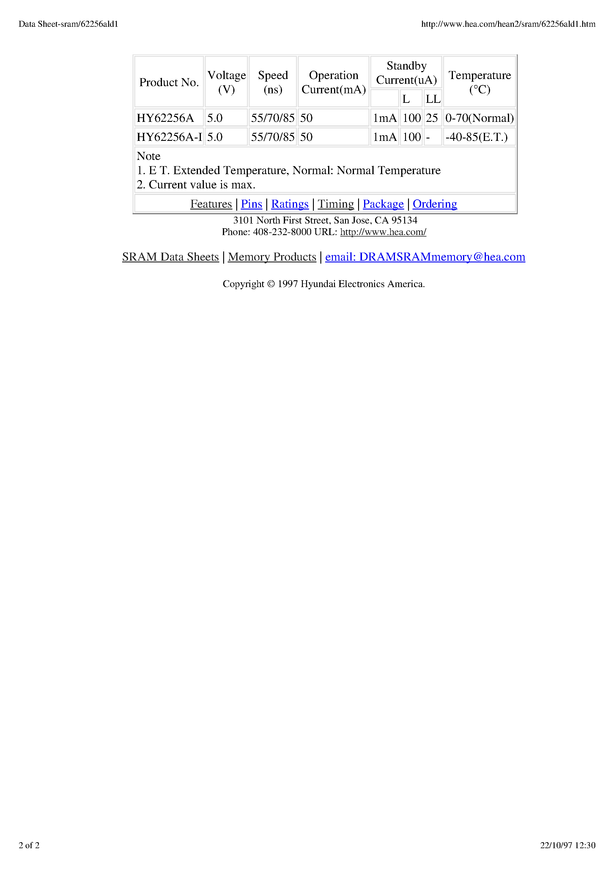 Datasheet HY62256ALP-I - 32Kx8bit CMOS SRAM page 2