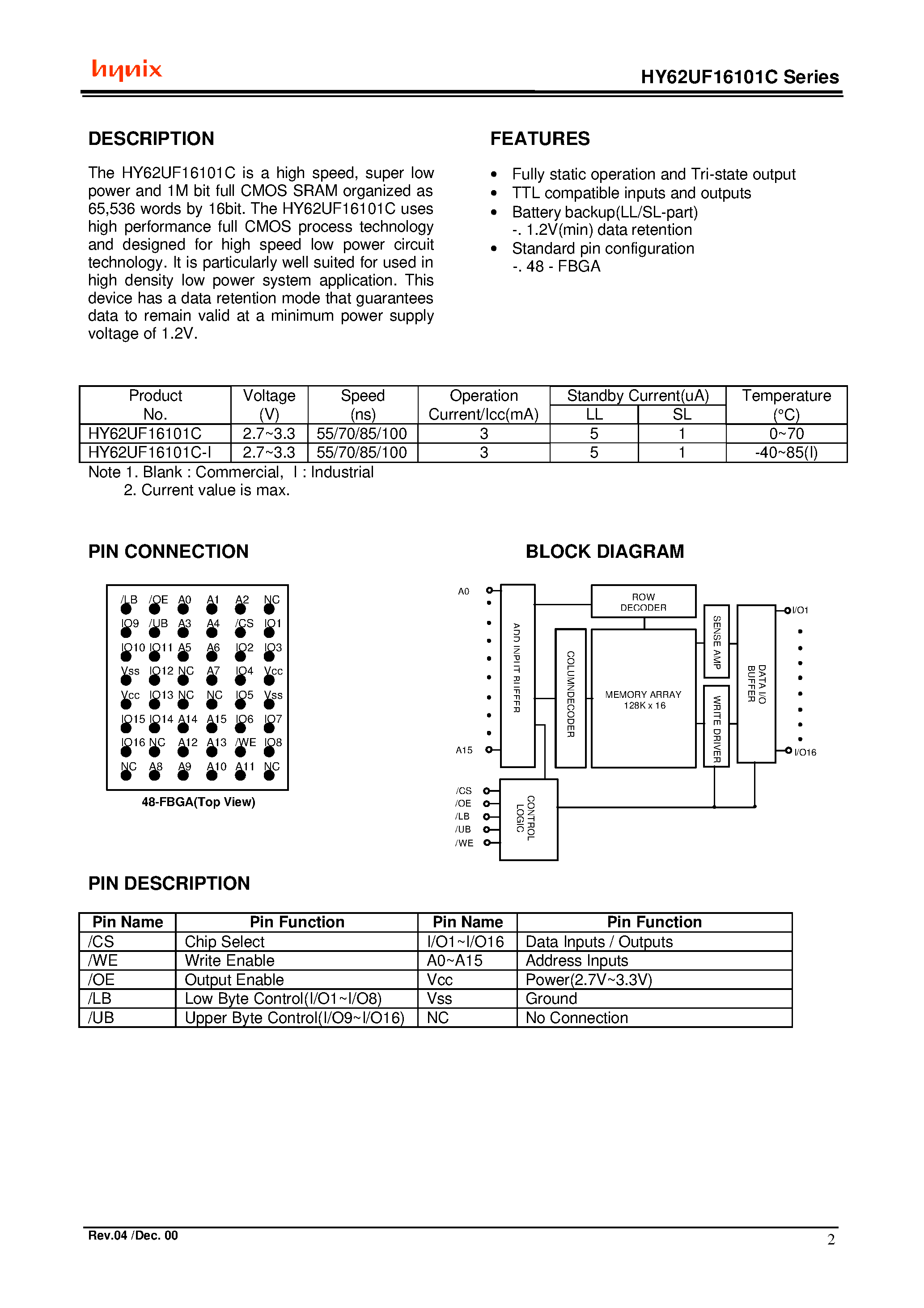 Datasheet HY62UF16101CLLF-I - 64Kx16bit full CMOS SRAM page 2