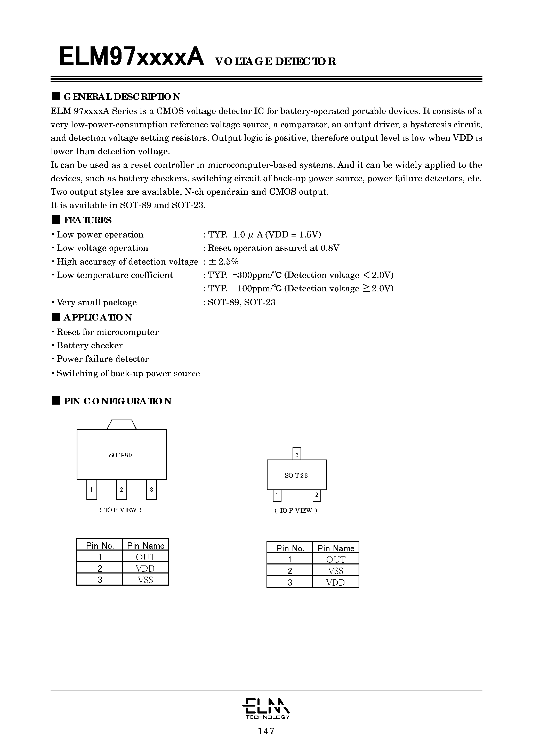 Datasheet ELM9709NBA-N - CMOS voltage detector IC for battery-operated portable devices page 1