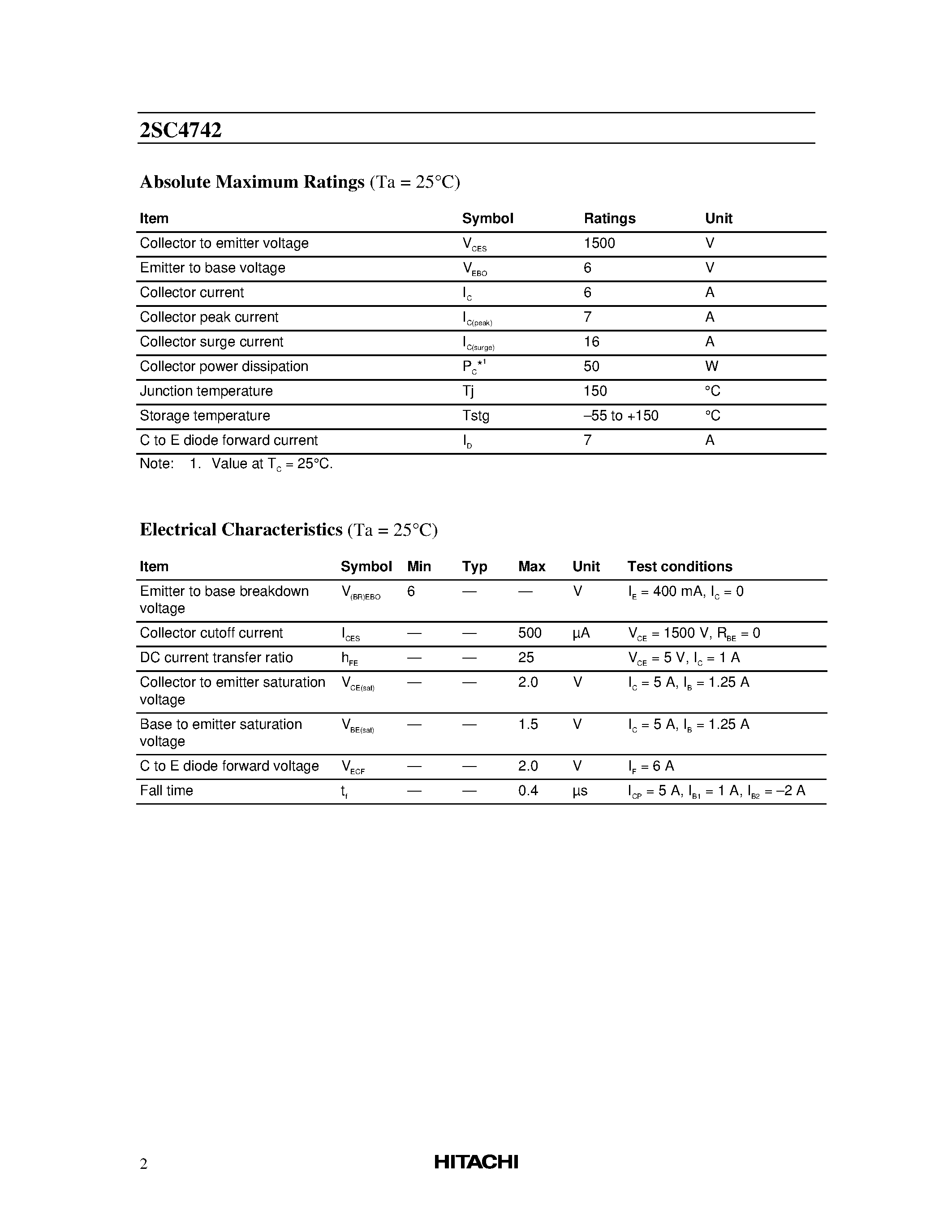 Datasheet 2SC4742 - Silicon NPN Triple Diffused page 2