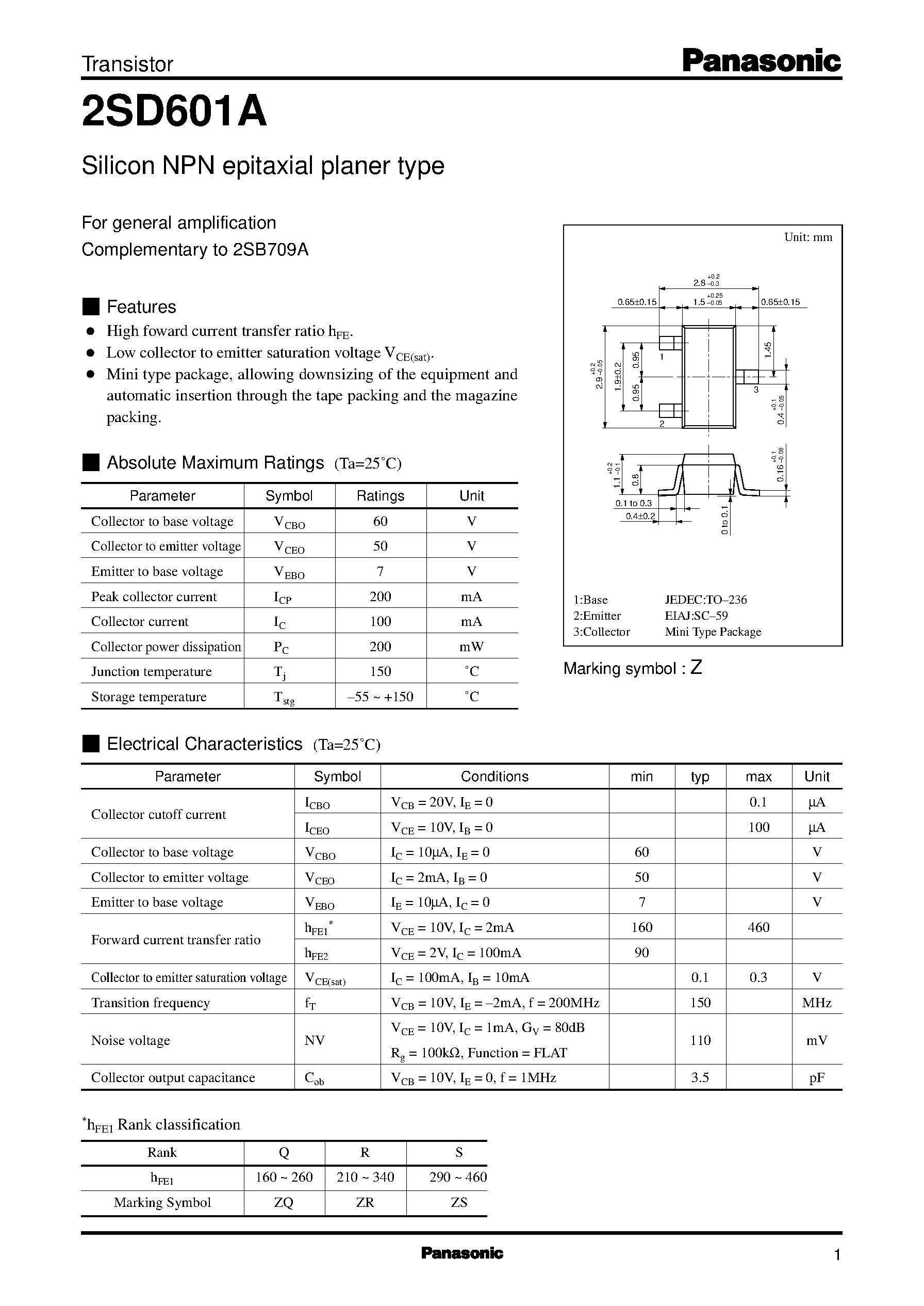 Datasheet 2SD0601A - Silicon NPN epitaxial planer type page 1