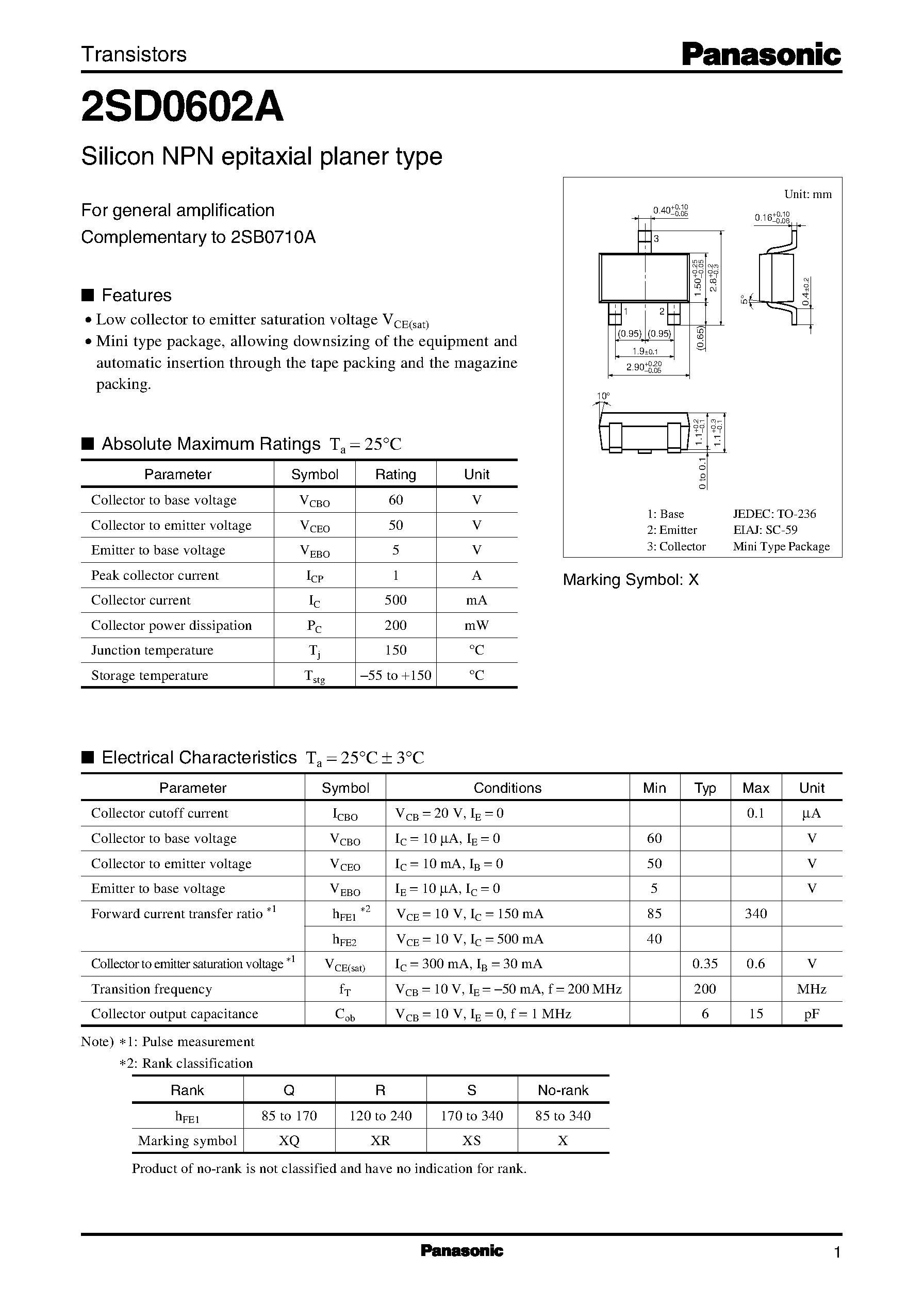 Datasheet 2SD0602 - Silicon NPN epitaxial planer type page 1