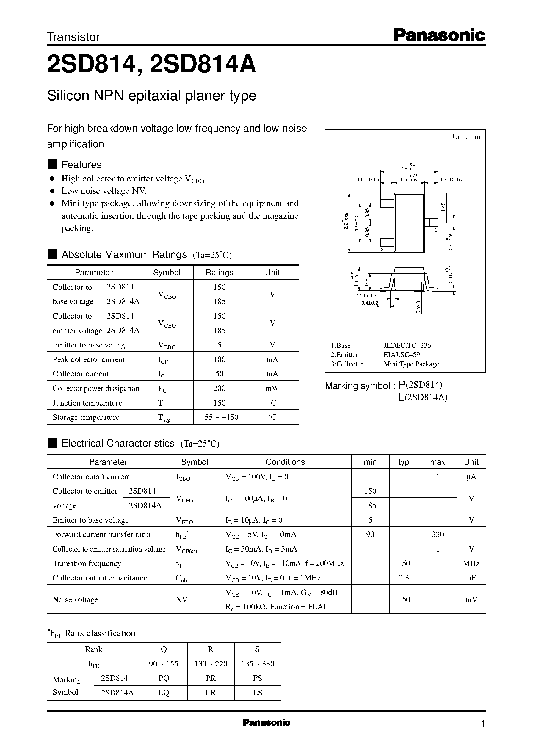 Datasheet 2SD0814 - Silicon NPN epitaxial planer type(For high breakdown voltage low-frequency and low-noise amplification) page 1