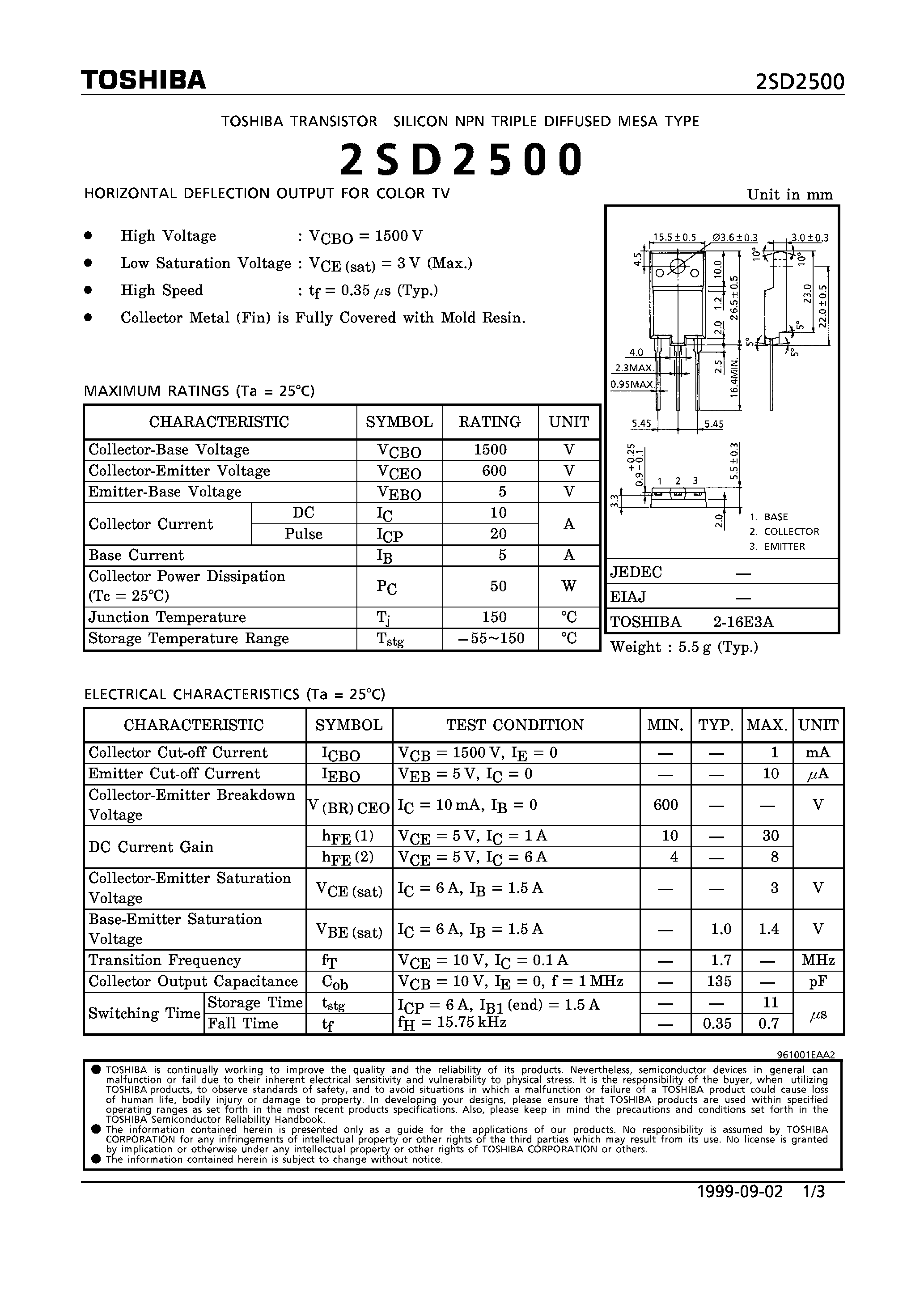 Datasheet 2SD2500 - NPN TRIPLE DIFFUSED MESA TYPE (GORIZONTAL DEFLECTION OUTPUT FOR COLOR TV) page 1
