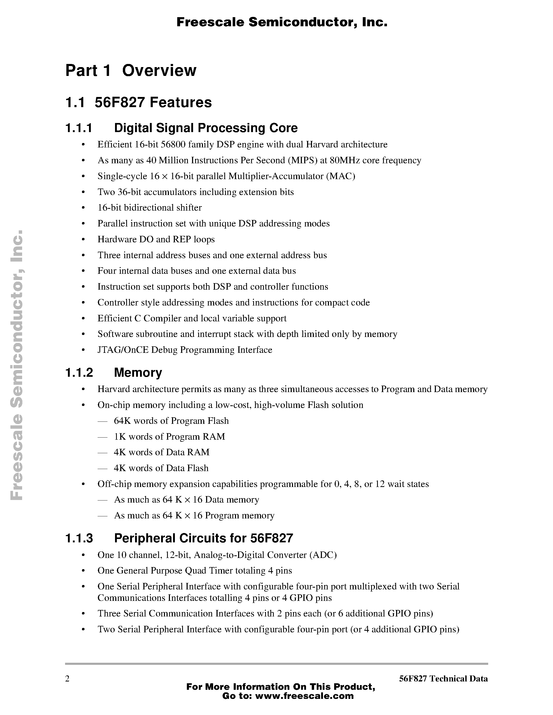Datasheet DSP56F827/D - 56F827 16-bit Hybrid Controller page 2