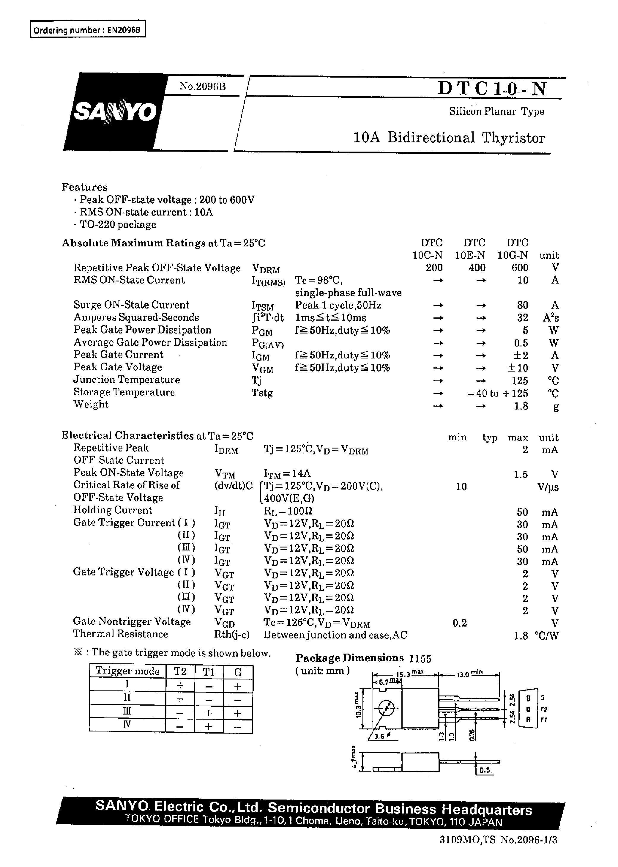 Datasheet DTC10-N - 10A Bidirectional Thyristor page 1