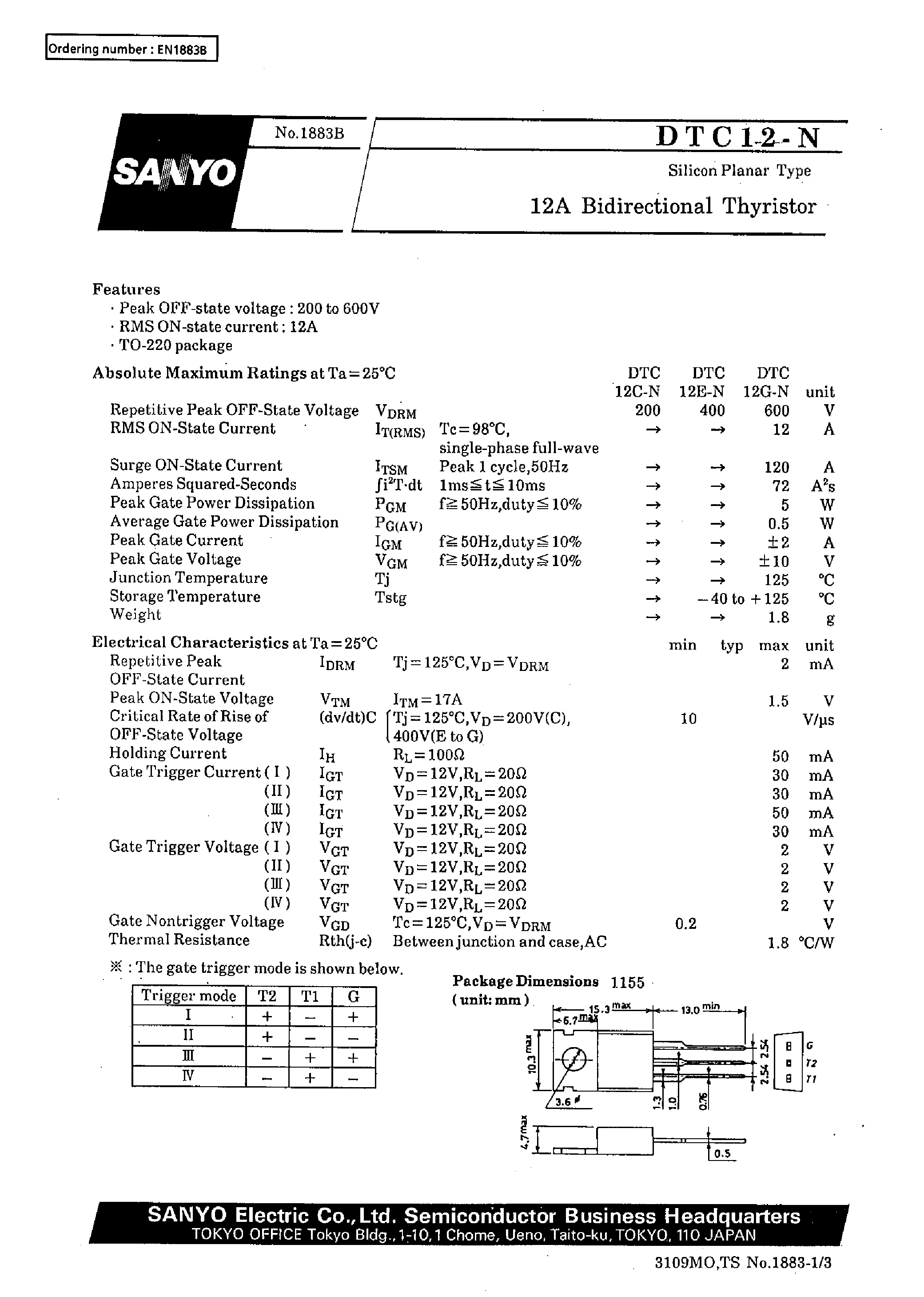 Datasheet DTC12C-N - 12A Bidirectional Thyristor page 1