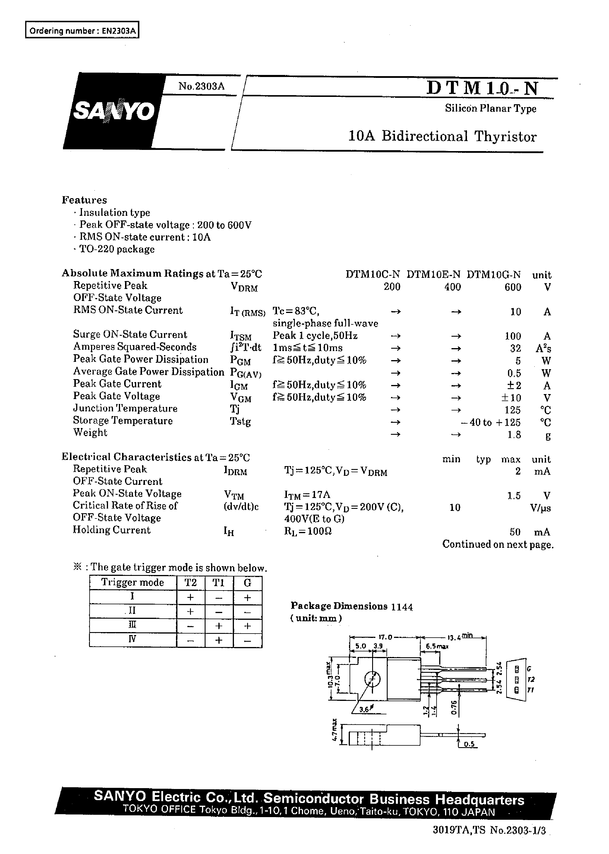 Datasheet DTM10-N - 10A Bidirectional Thyristor page 1