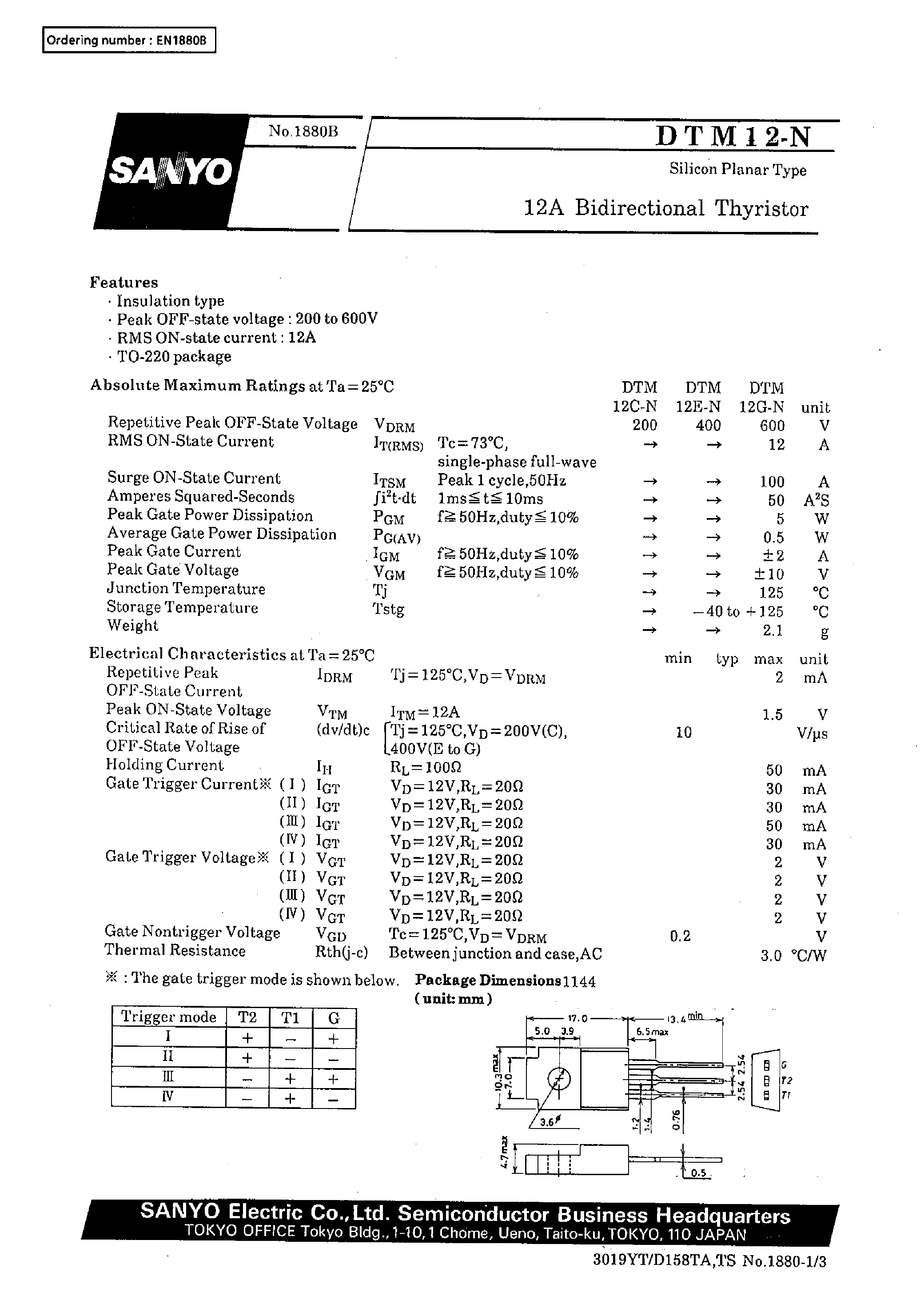 Datasheet DTM12C-N - 12A Bidirectional Thyristor page 1