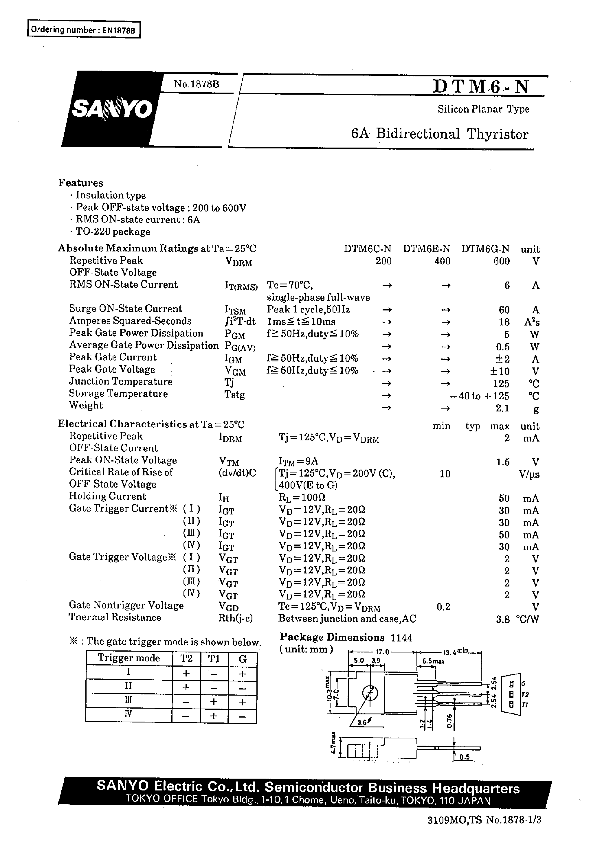 Datasheet DTM6-N - 6A Bidirectional Thyristor page 1
