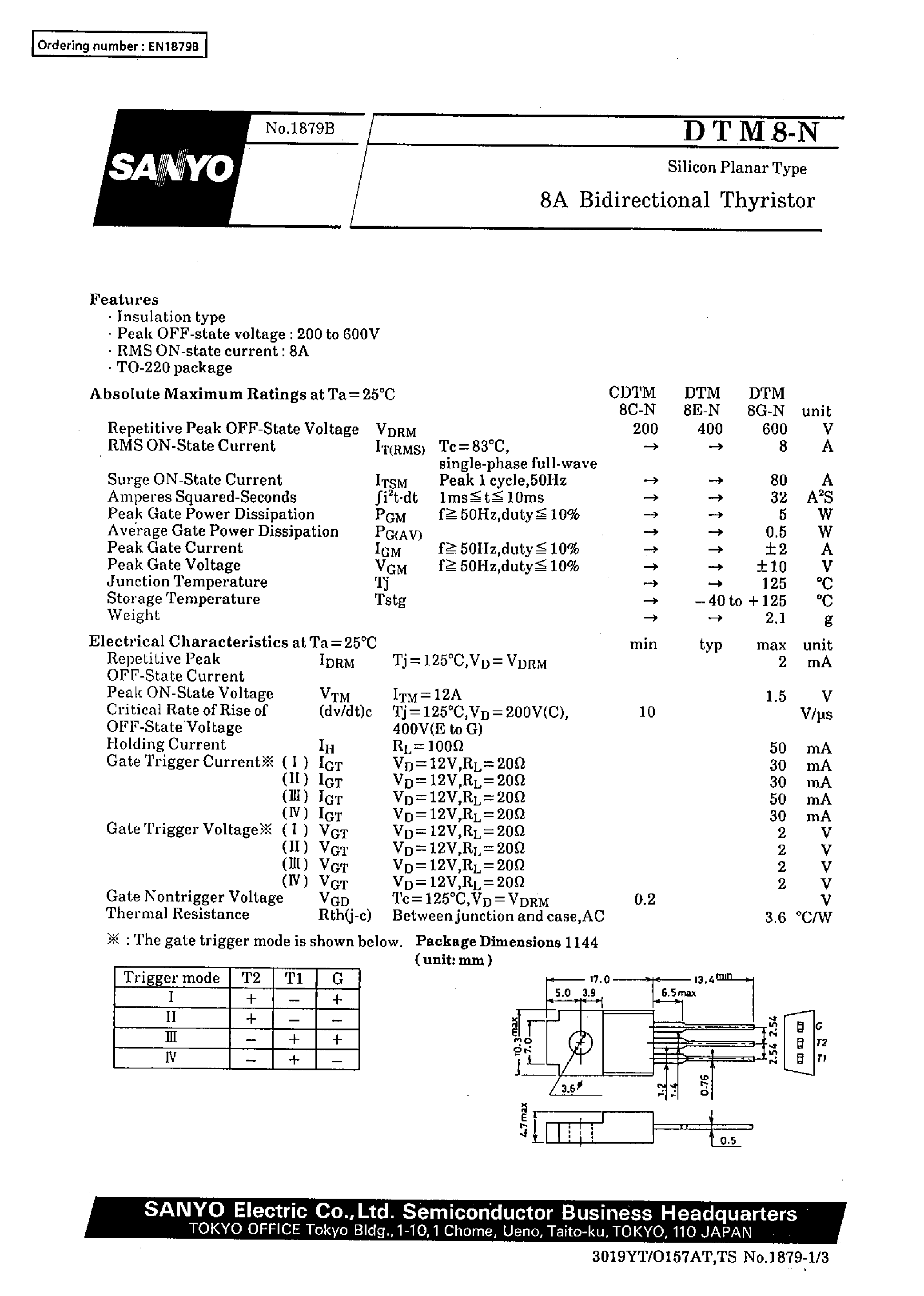 Datasheet DTM8-N - 8A Bidirectional Thyristor page 1
