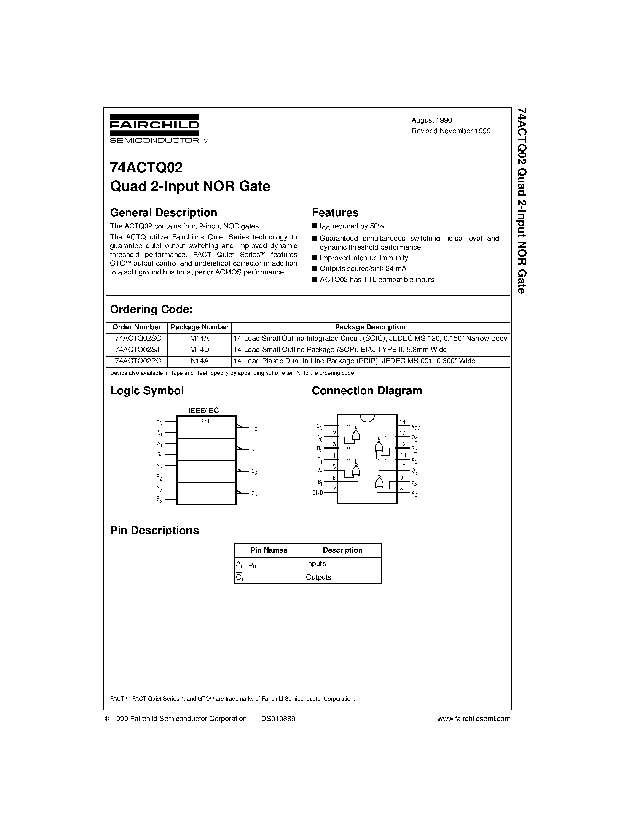 Datasheet 74ACTQ02PC - Quad 2-Input NOR Gate page 1