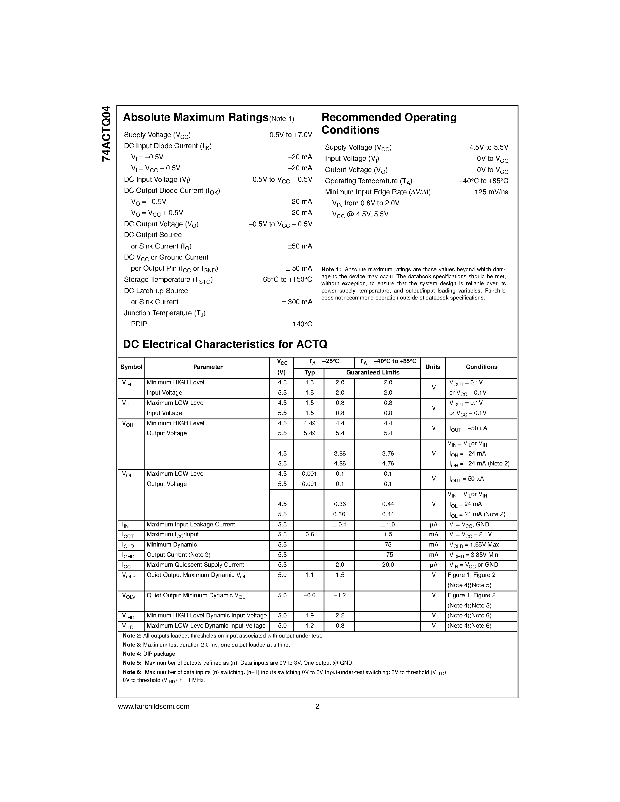 Datasheet 74ACTQ04PC - Quiet Series Hex Inverter page 2