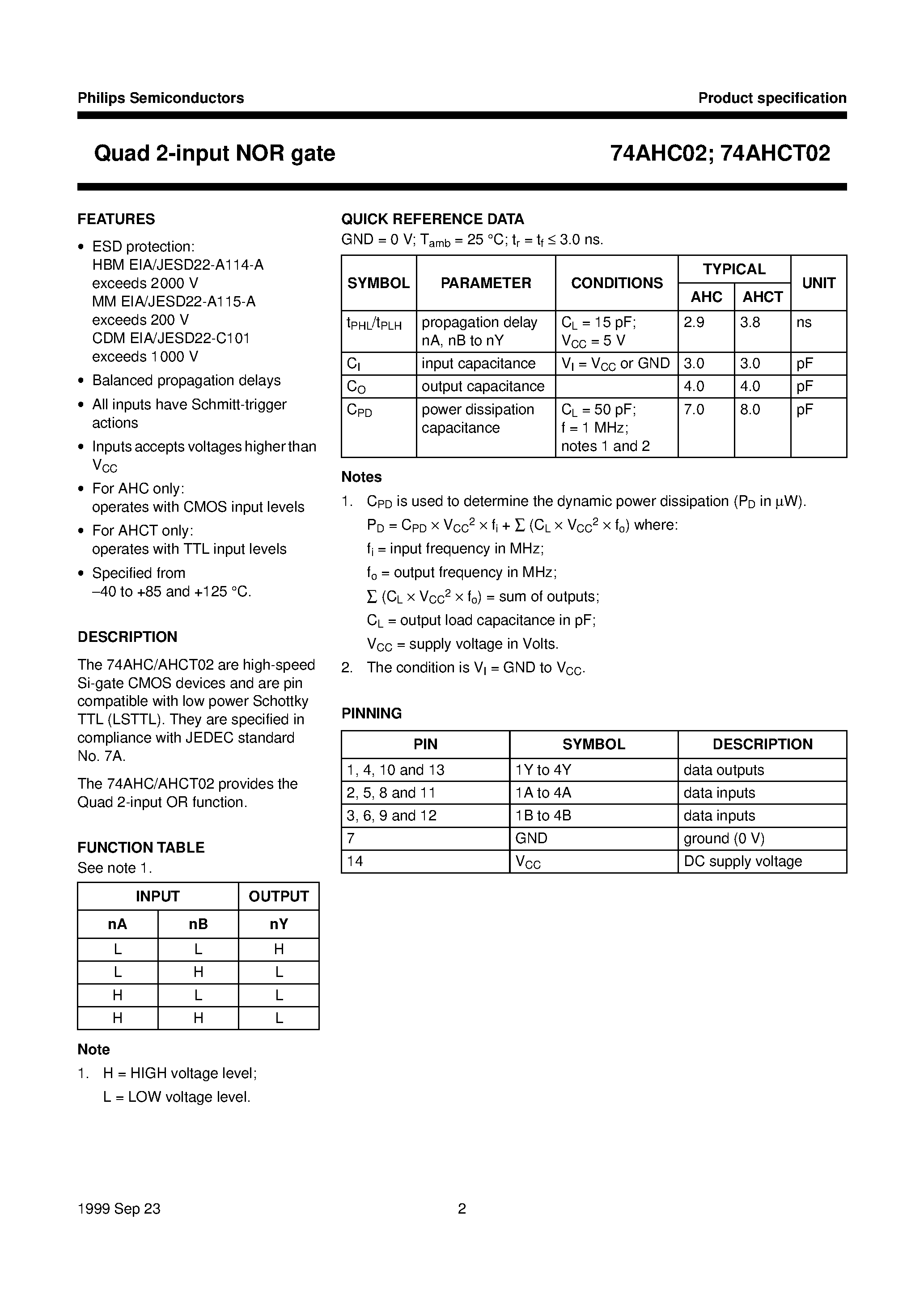 Datasheet 74AHC02 - Quad 2-input NOR gate page 2