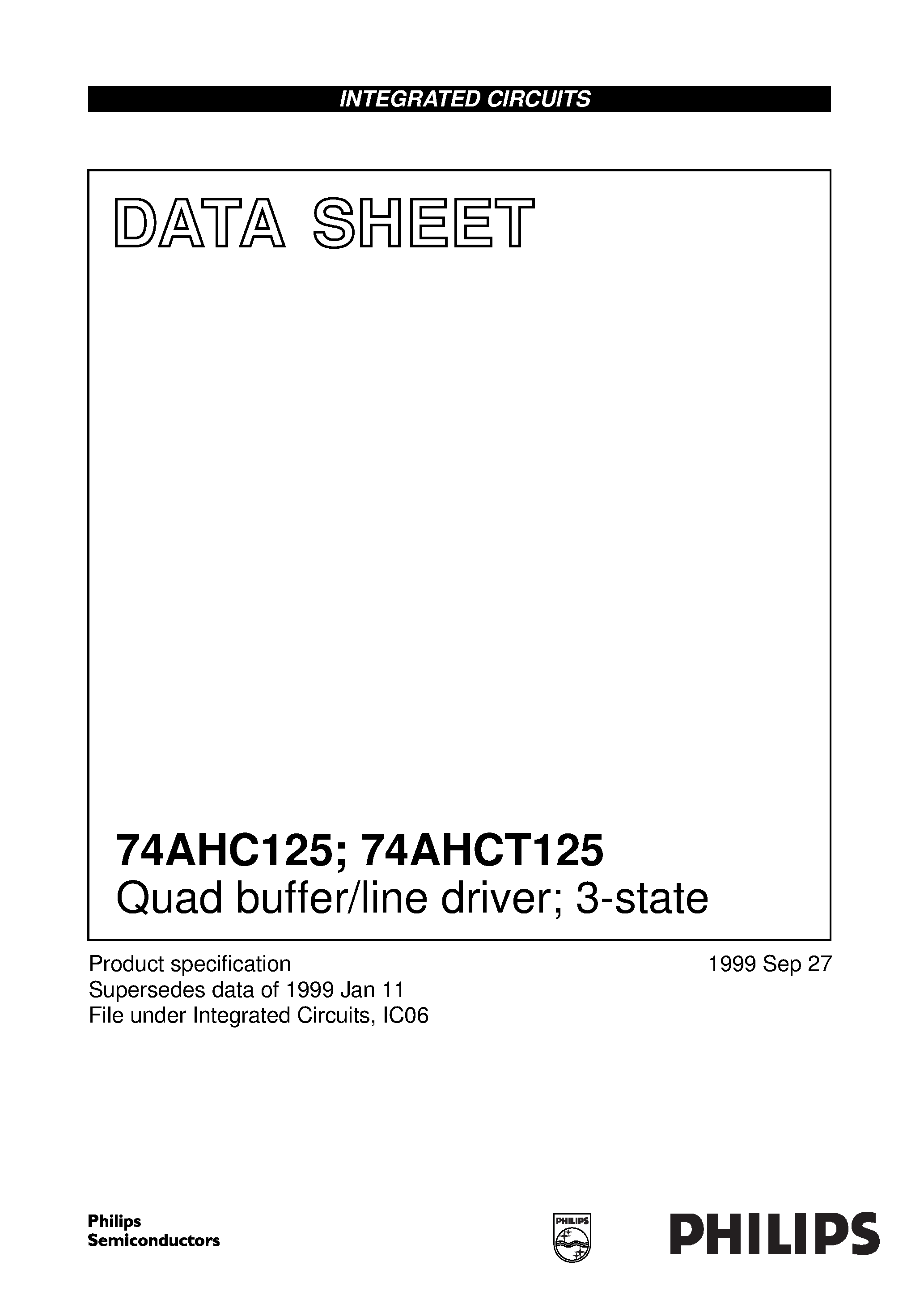 Даташит 74AHC125 - Quad buffer/line driver; 3-state страница 1