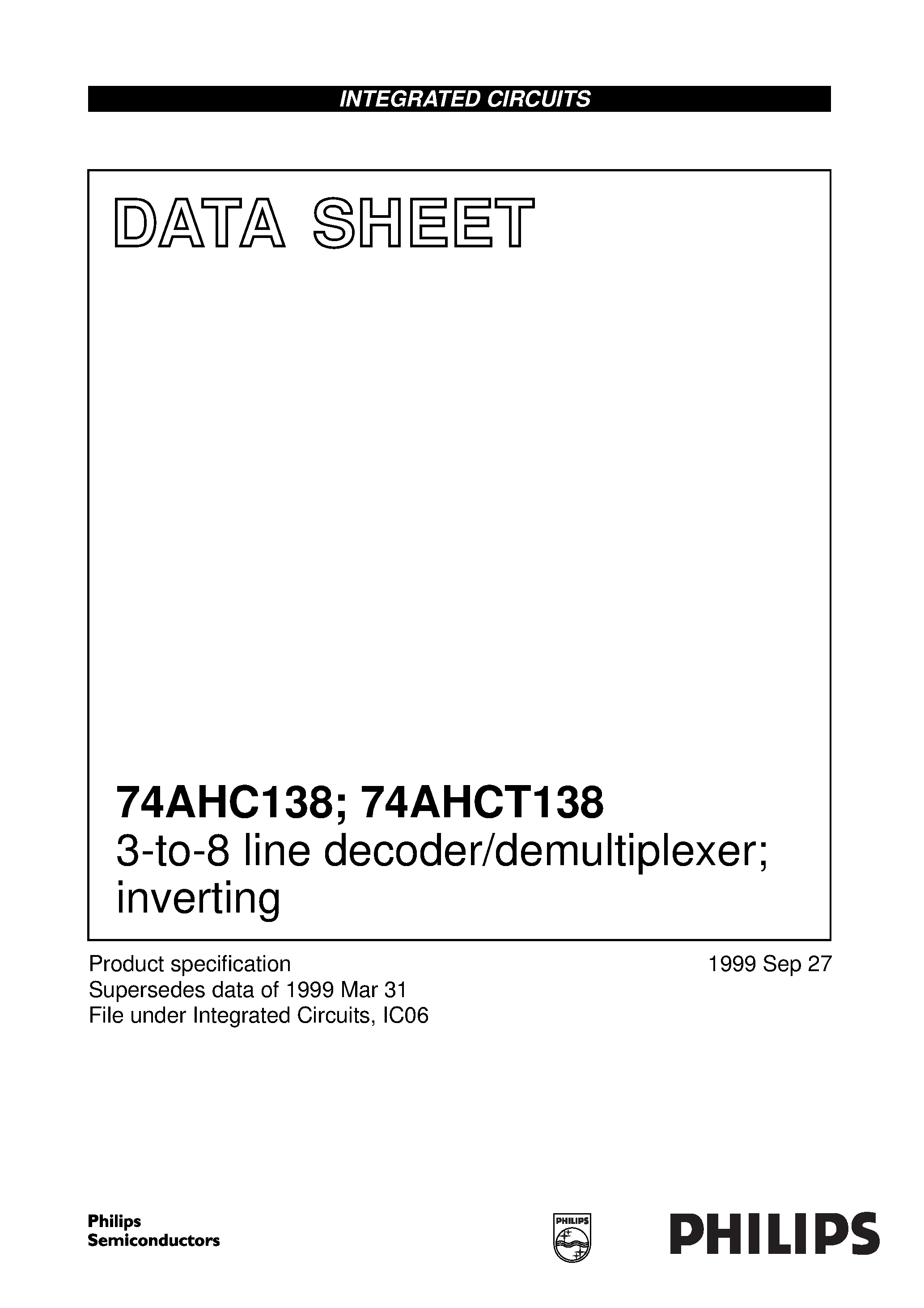 Даташит 74AHC138D - 3-to-8 line decoder/demultiplexer; inverting страница 1