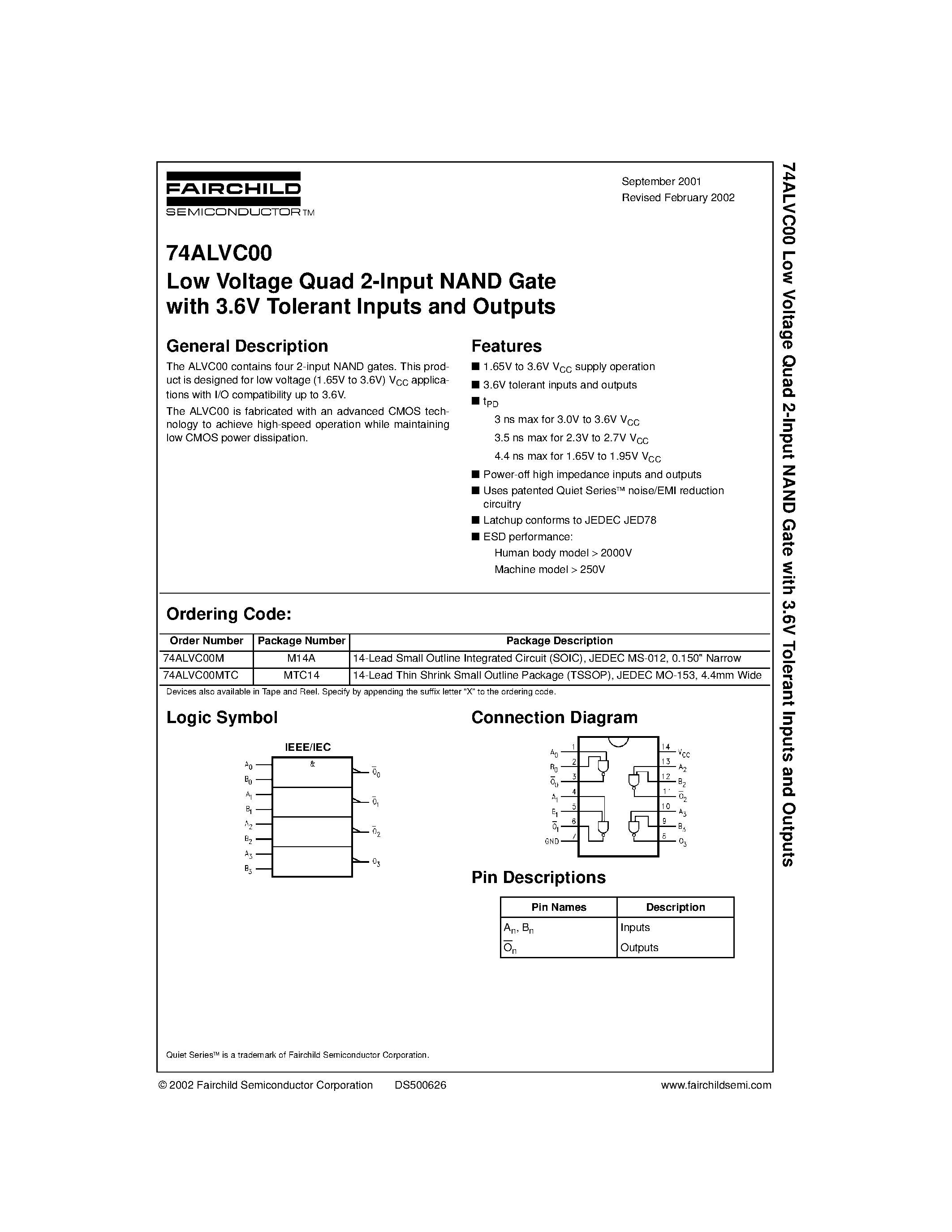 Datasheet 74ALVC00MTC - Low Voltage Quad 2-Input NAND Gate with 3.6V Tolerant Inputs and Outputs page 1