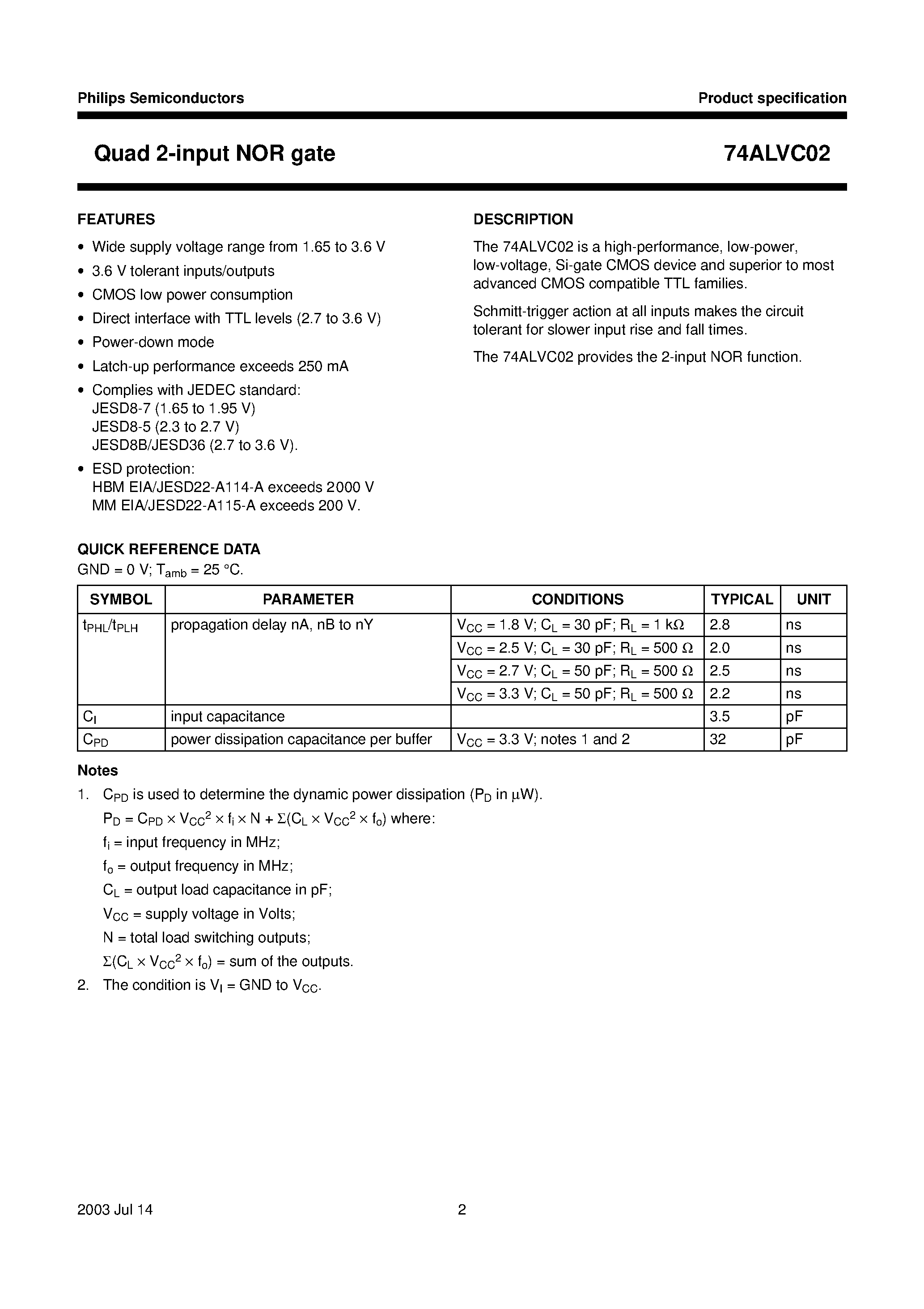 Datasheet 74ALVC02D - Quad 2-input NOR gate page 2