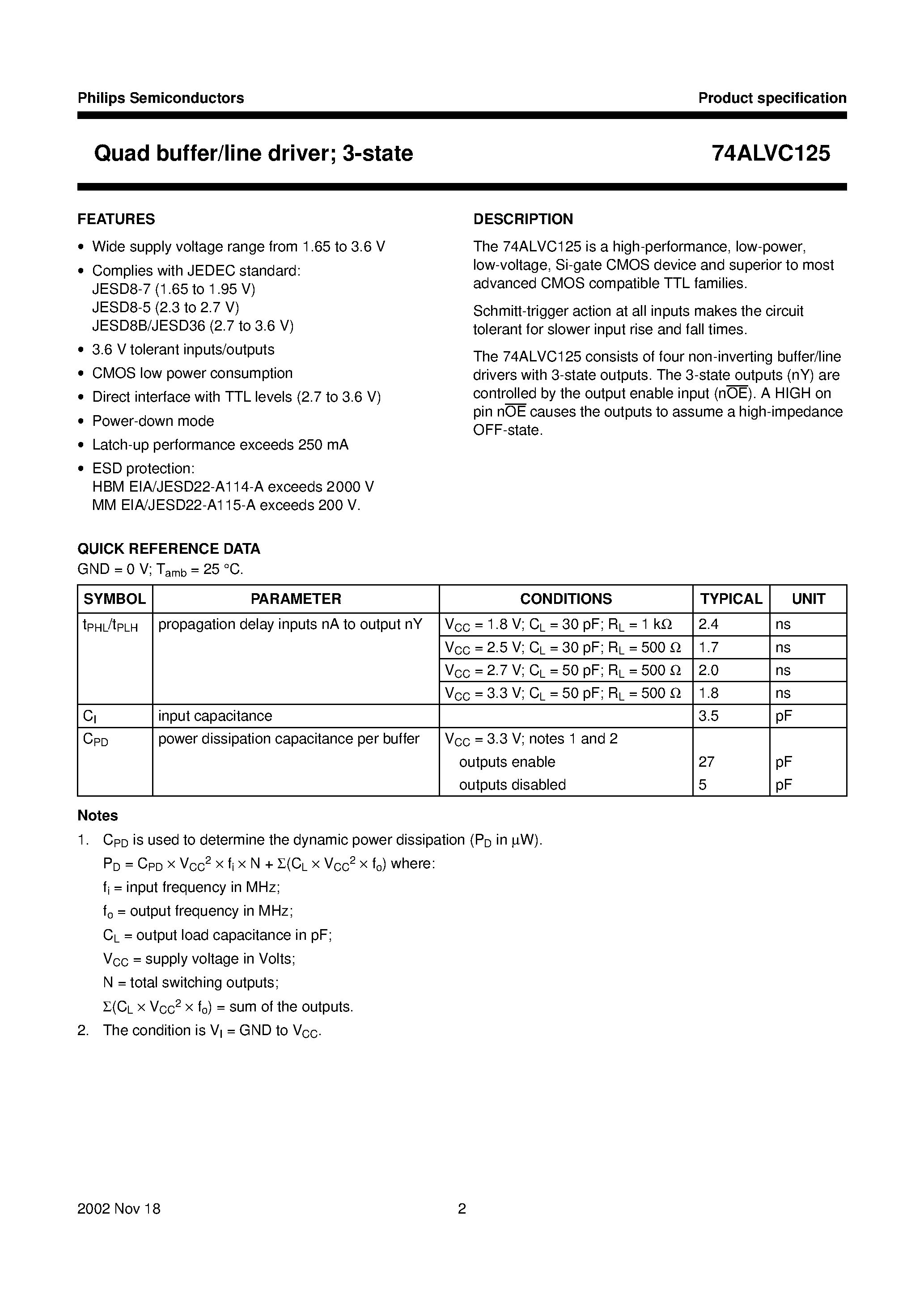 Datasheet 74ALVC125 - Quad buffer/line driver; 3-state page 2