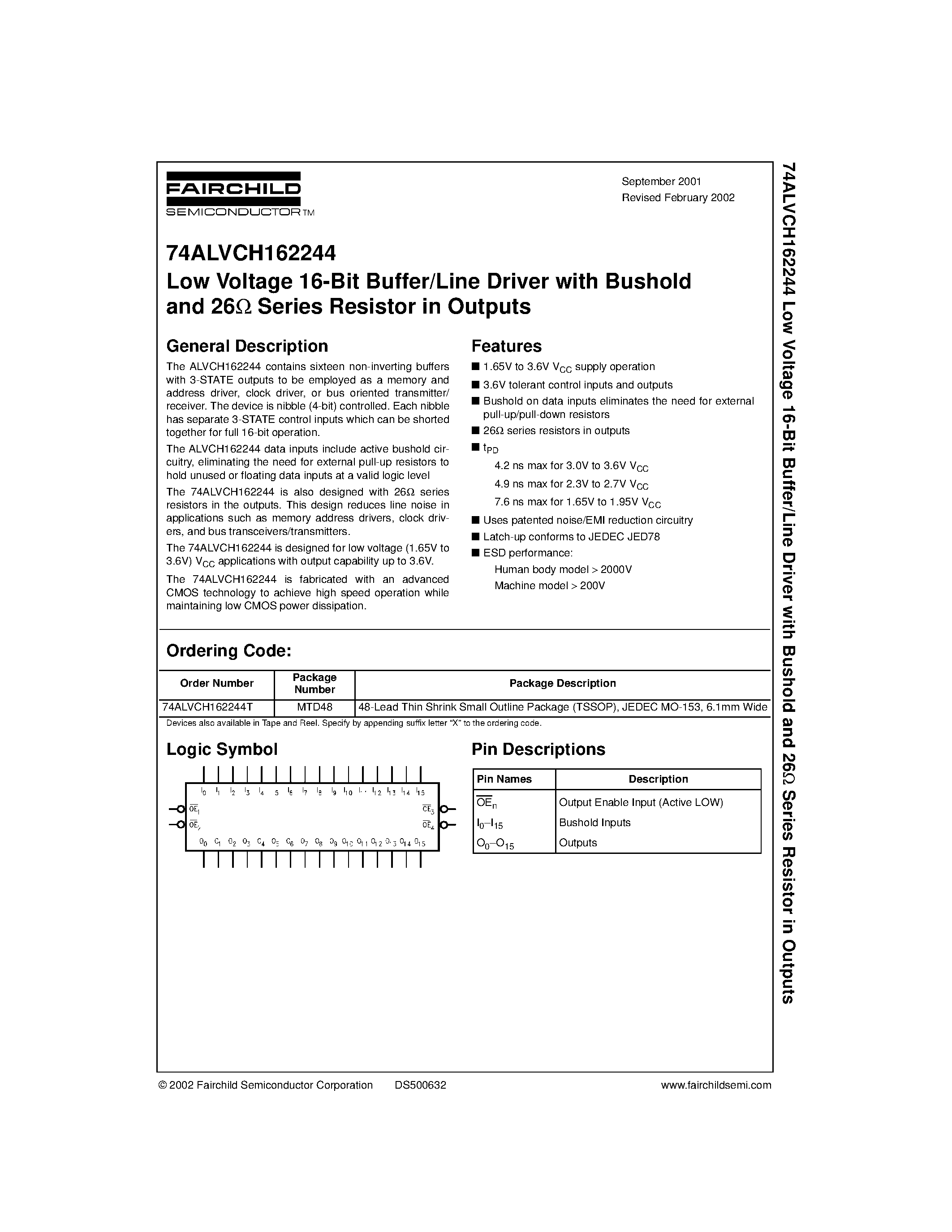 Datasheet 74ALVCH162244 - Low Voltage 16-Bit Buffer/Line Driver with Bushold and 26 Series Resistor in Outputs page 1