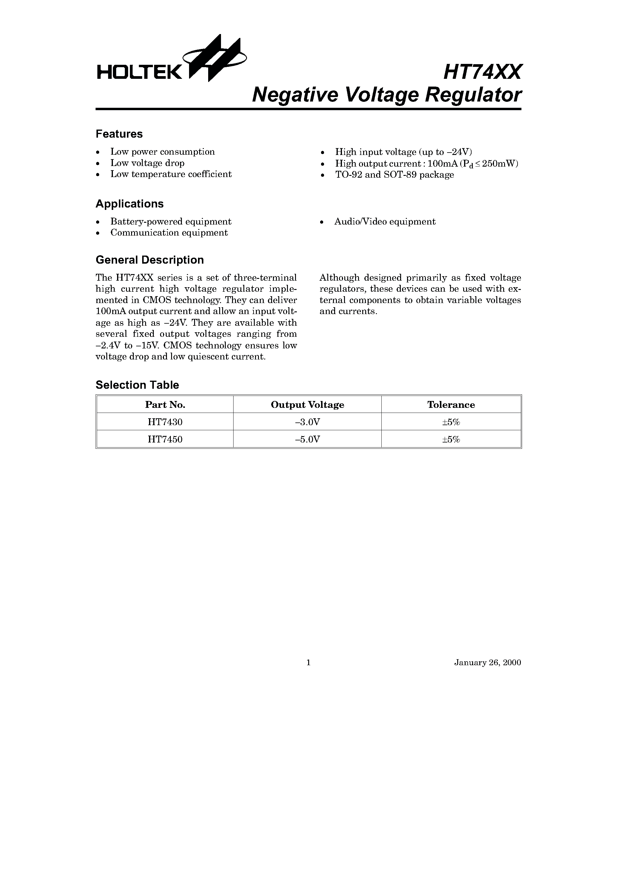 Datasheet 7430 - Negative Voltage Regulator page 1