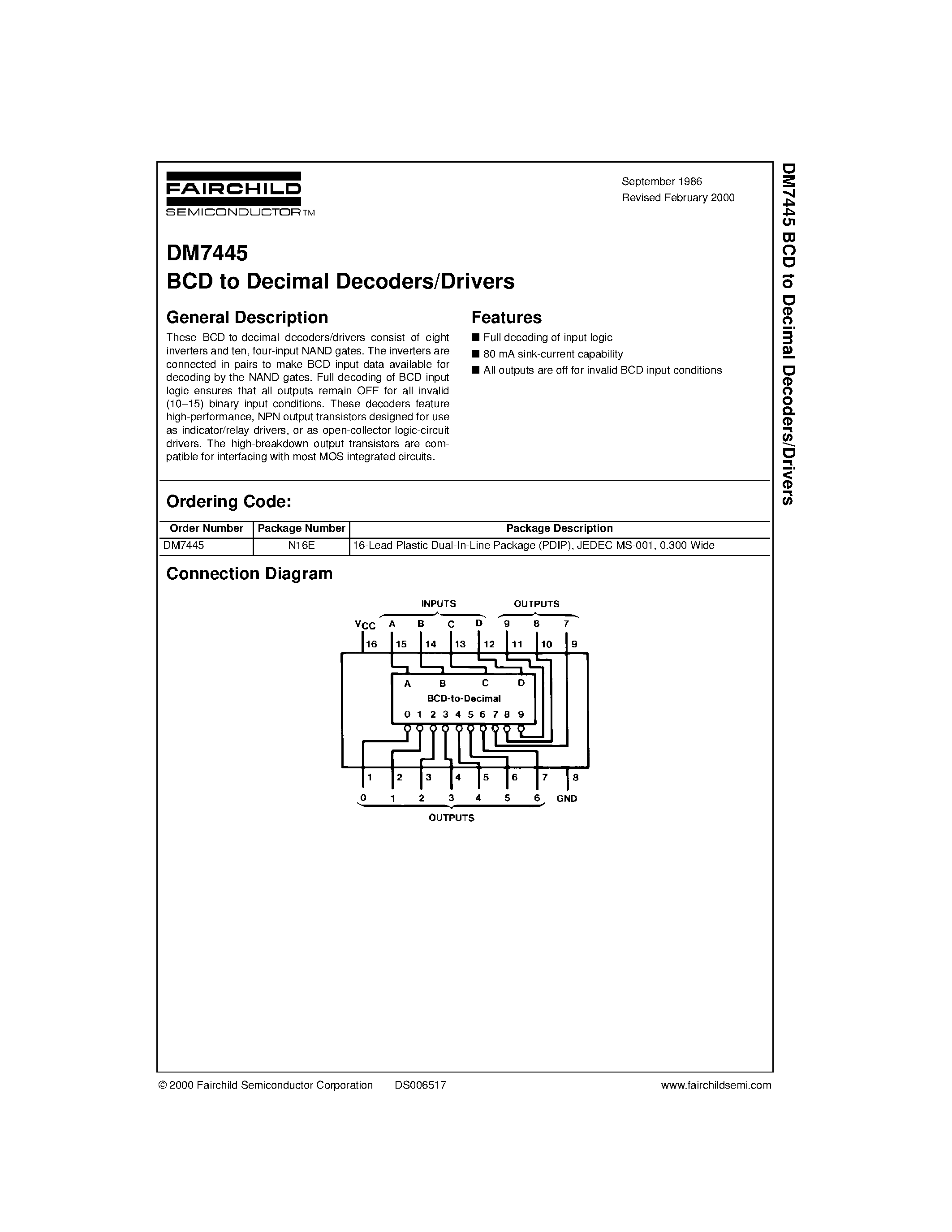 Datasheet 7445 - BCD to Decimal Decoders/Drivers page 1