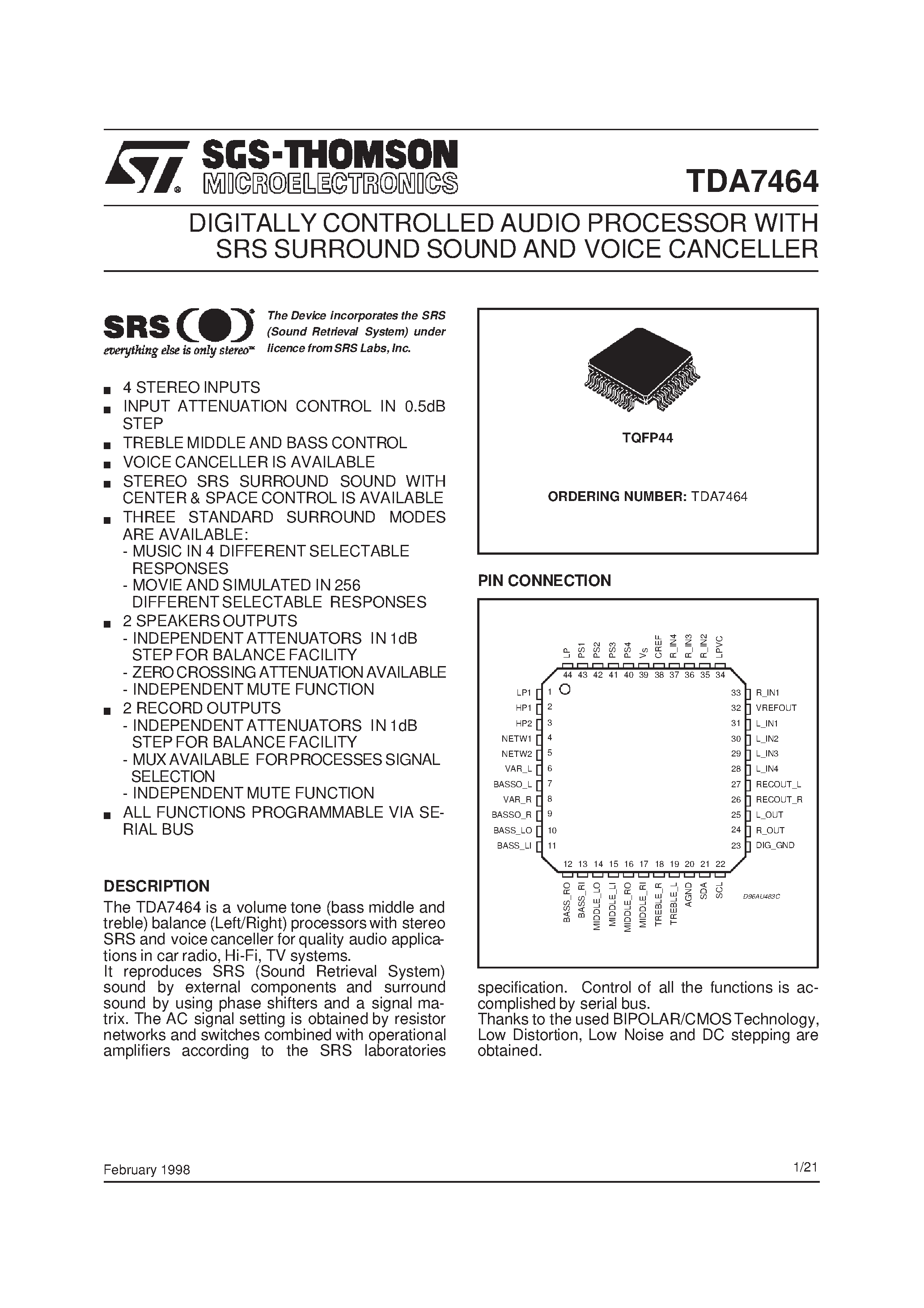 Datasheet 7464 - DIGITALLY CONTROLLED AUDIO PROCESSOR WITH SRS SURROUND SOUND AND VOICE CANCELLER page 1