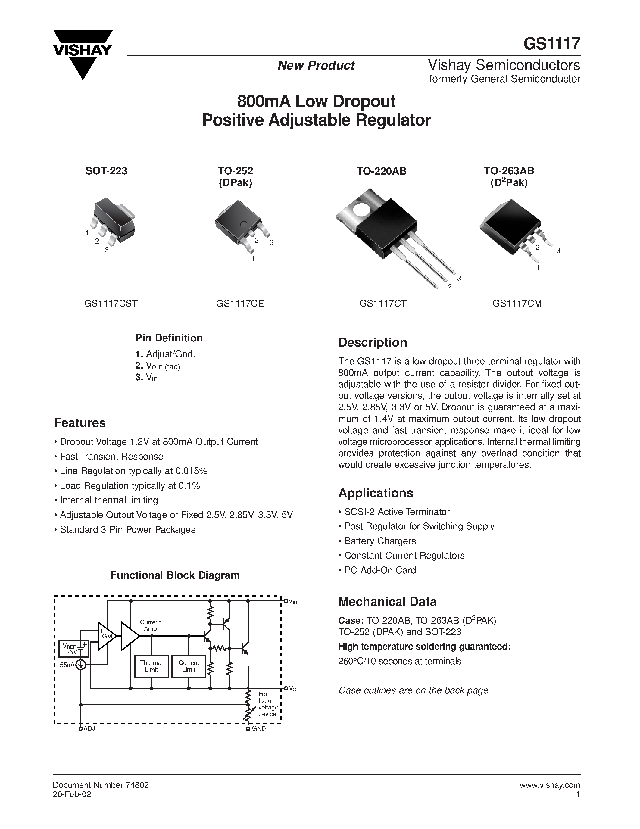 Datasheet 74802 - 800mA Low Dropout Positive Adjustable Regulator page 1