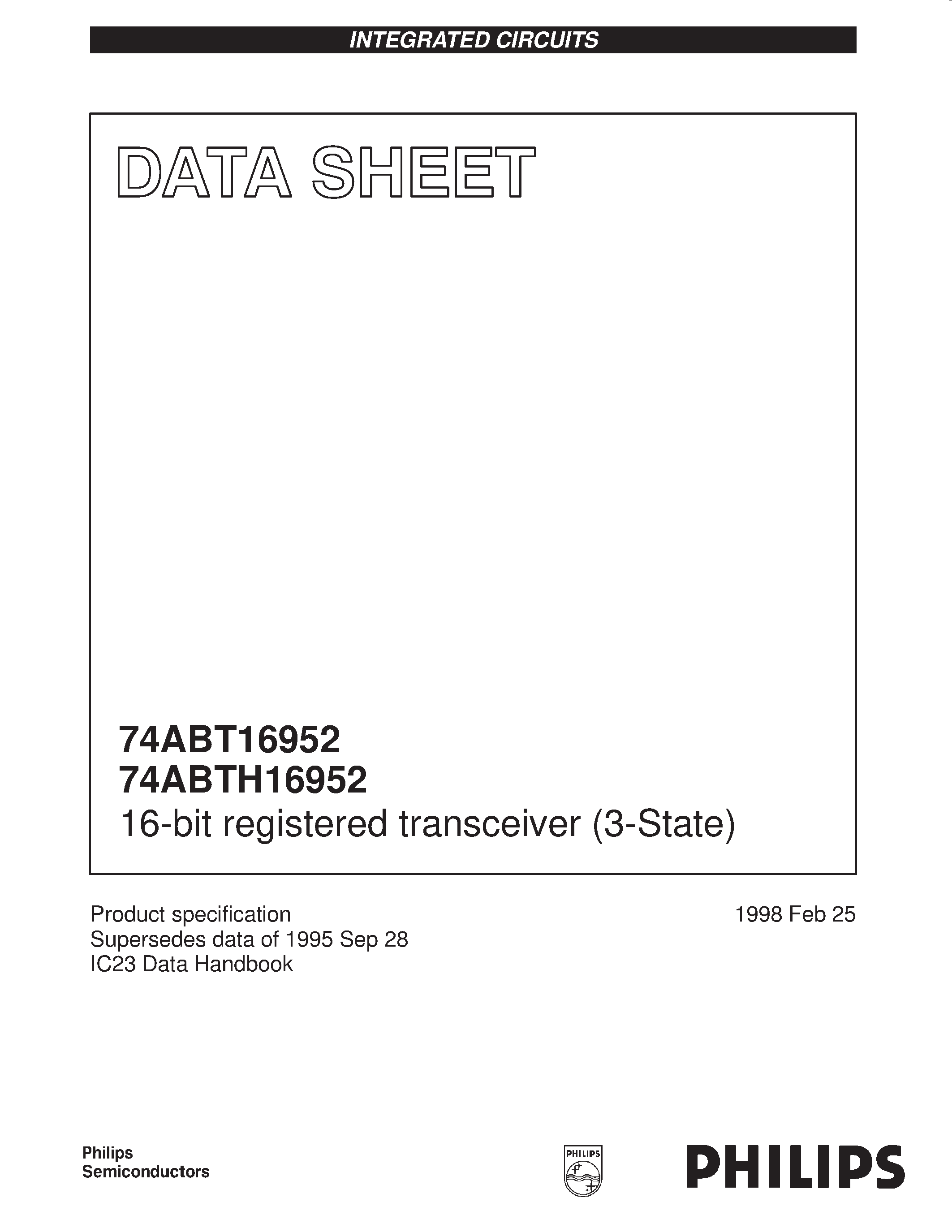 Даташит 74ABTH16952DL - 16-bit registered transceiver 3-State страница 1