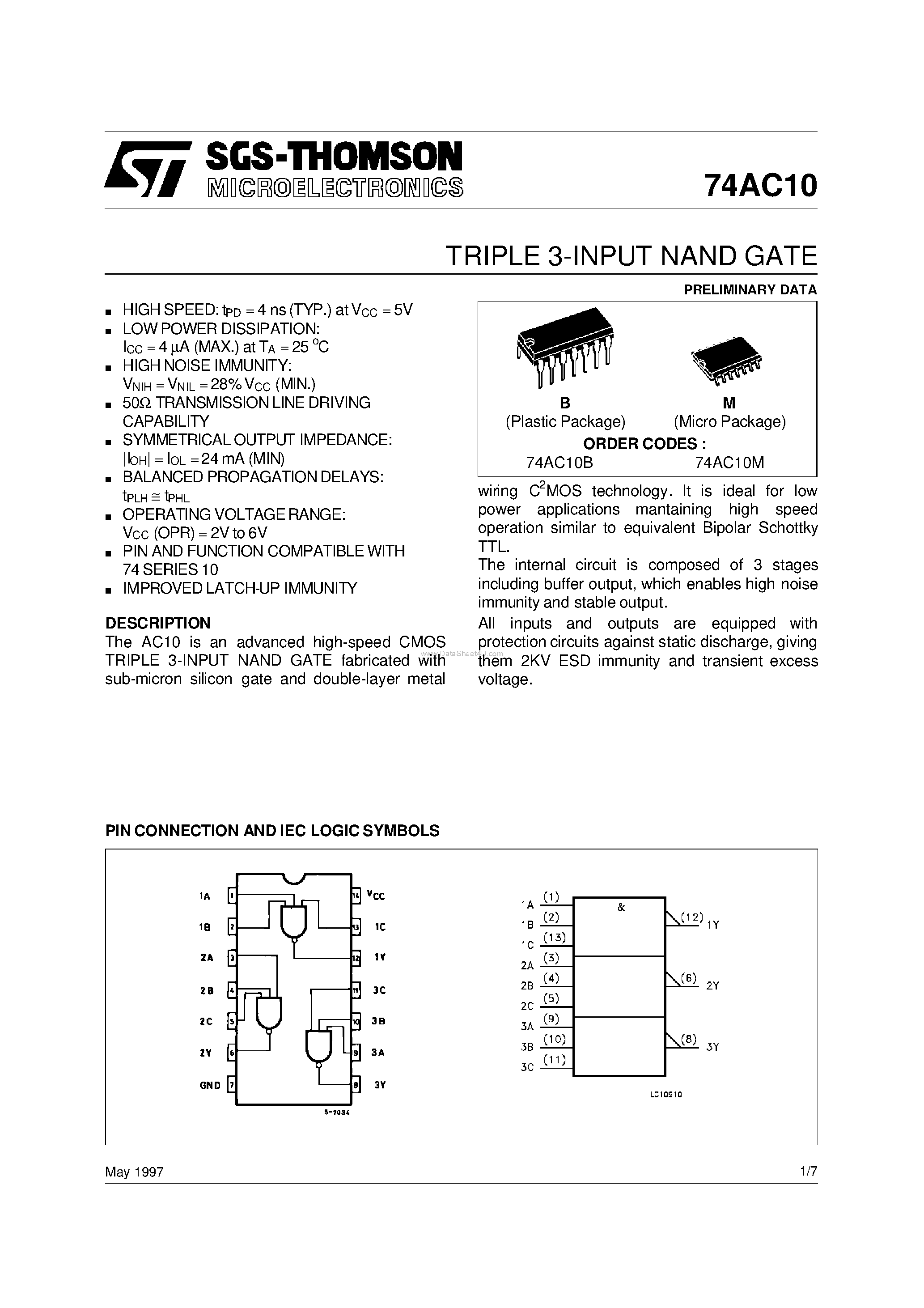 Даташит 74AC10 - TRIPLE 3-INPUT NAND GATE страница 1