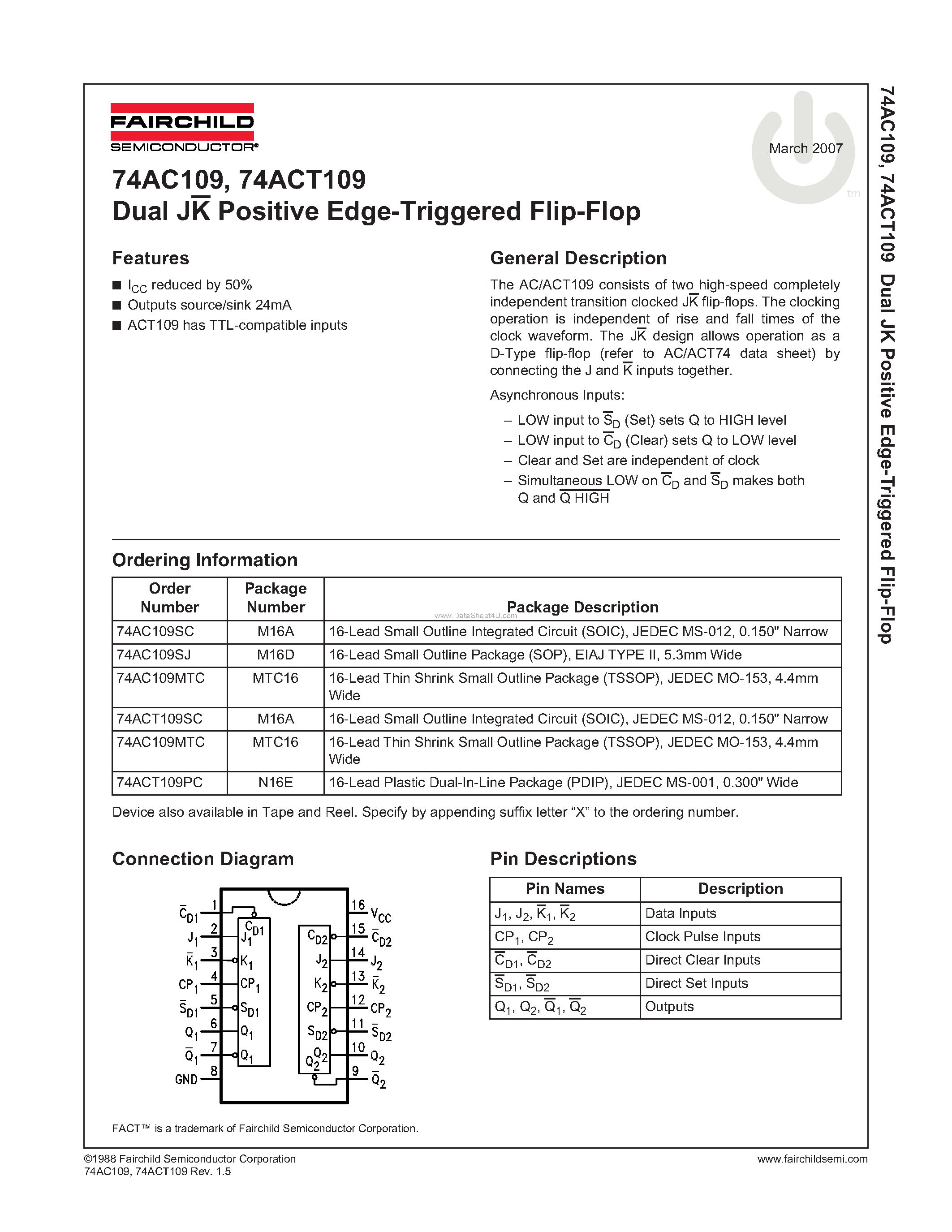 Datasheet 74AC109SC - Dual JK Positive Edge-Triggered Flip-Flop page 1