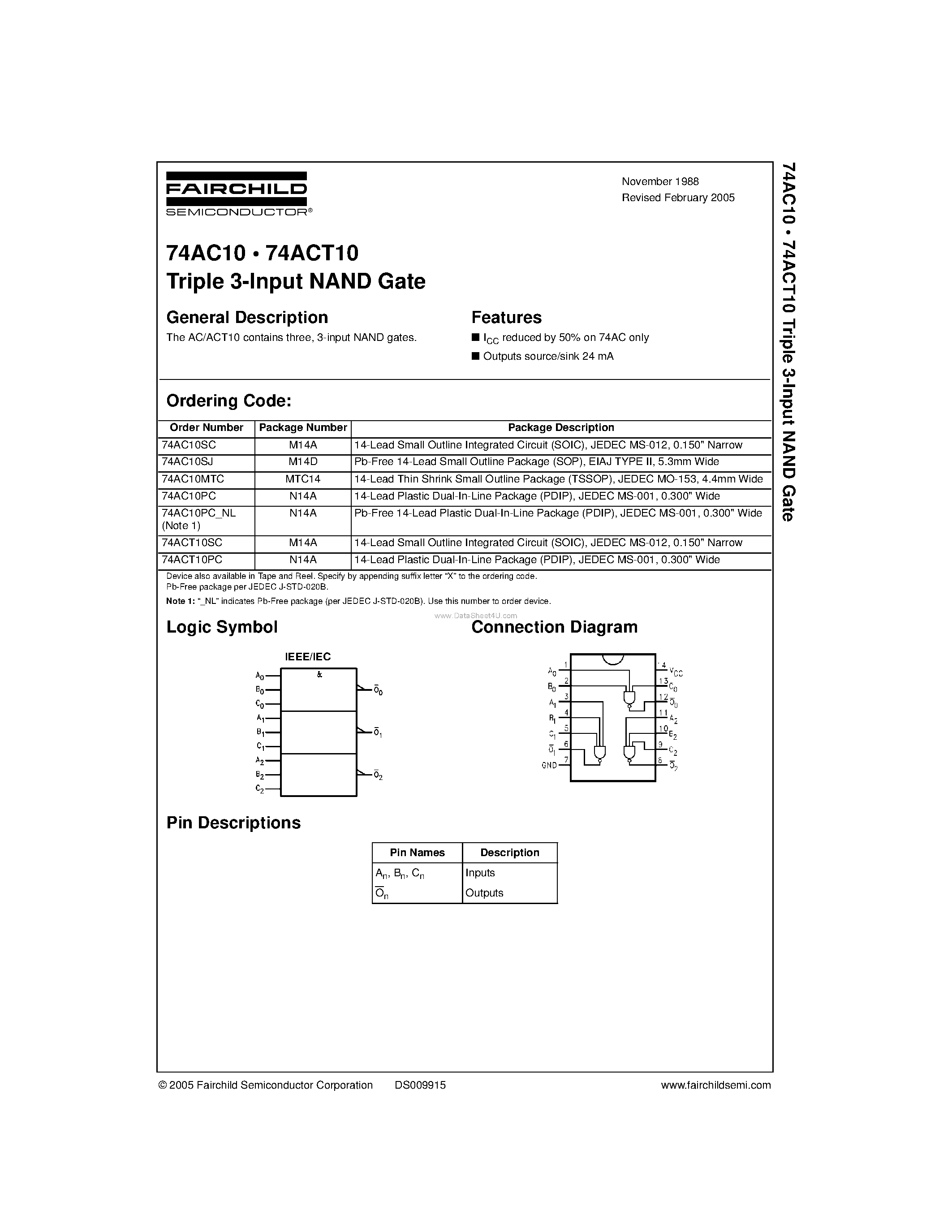 Datasheet 74AC10PC - Triple 3-Input NAND Gate page 1