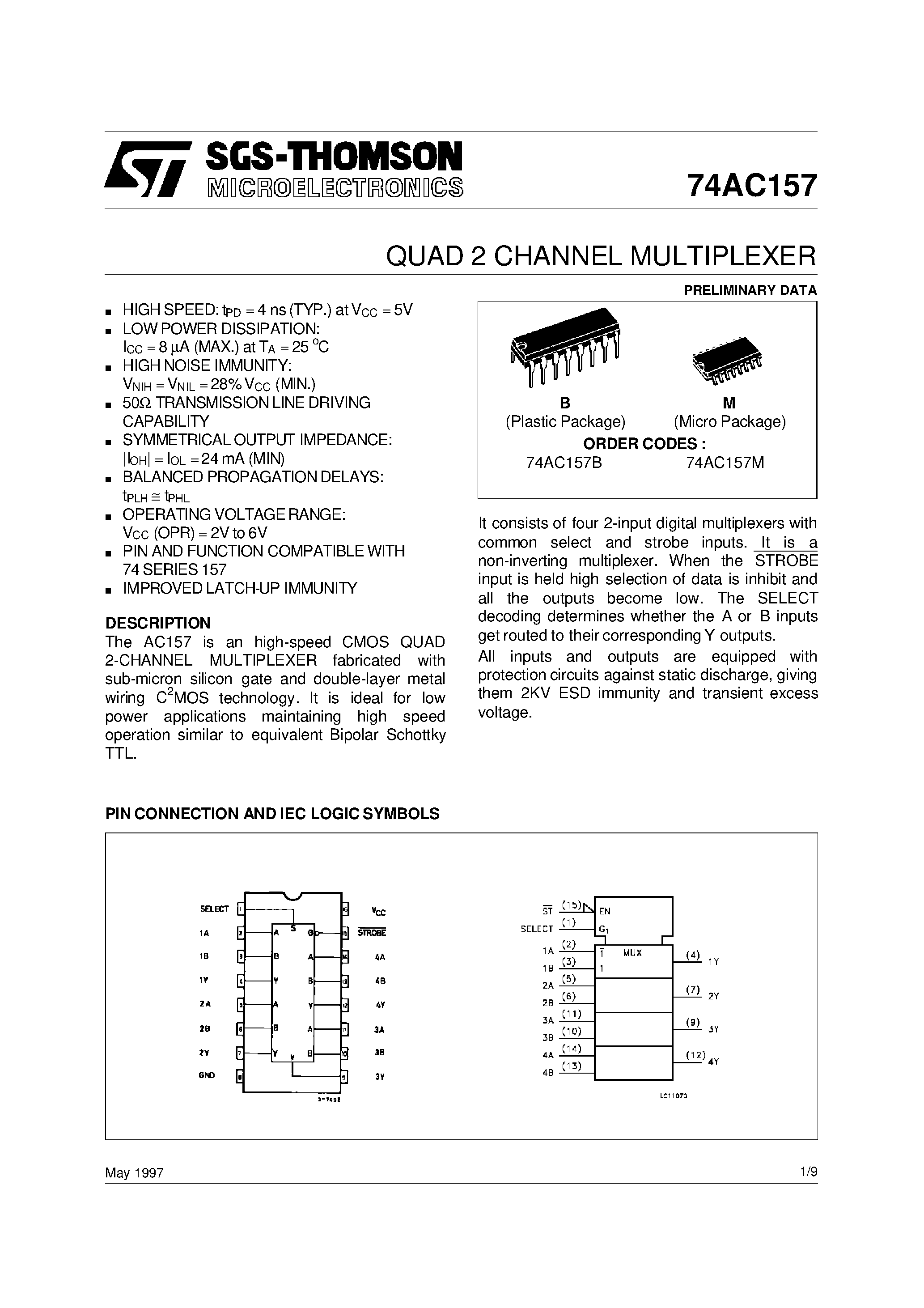 Даташит 74AC157MTC - Quad 2-Input Multiplexer страница 1