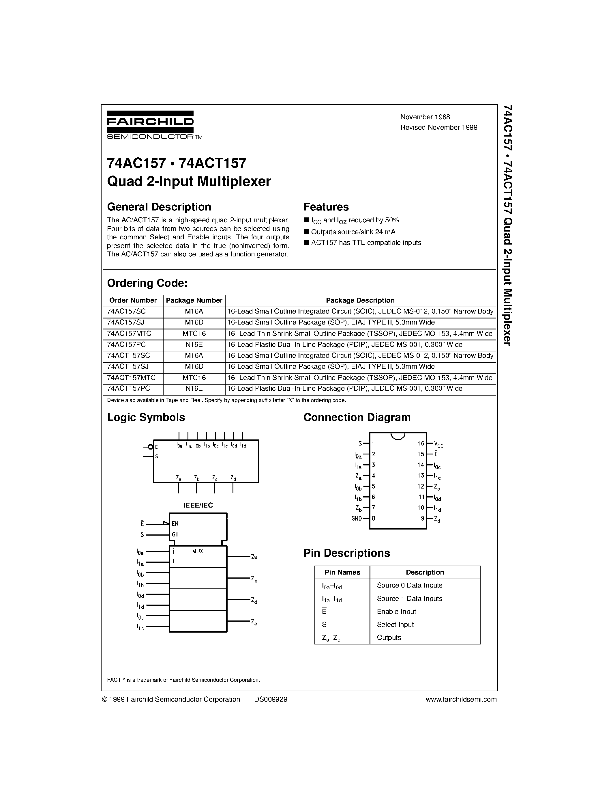 Даташит 74AC157PC - Quad 2-Input Multiplexer страница 1
