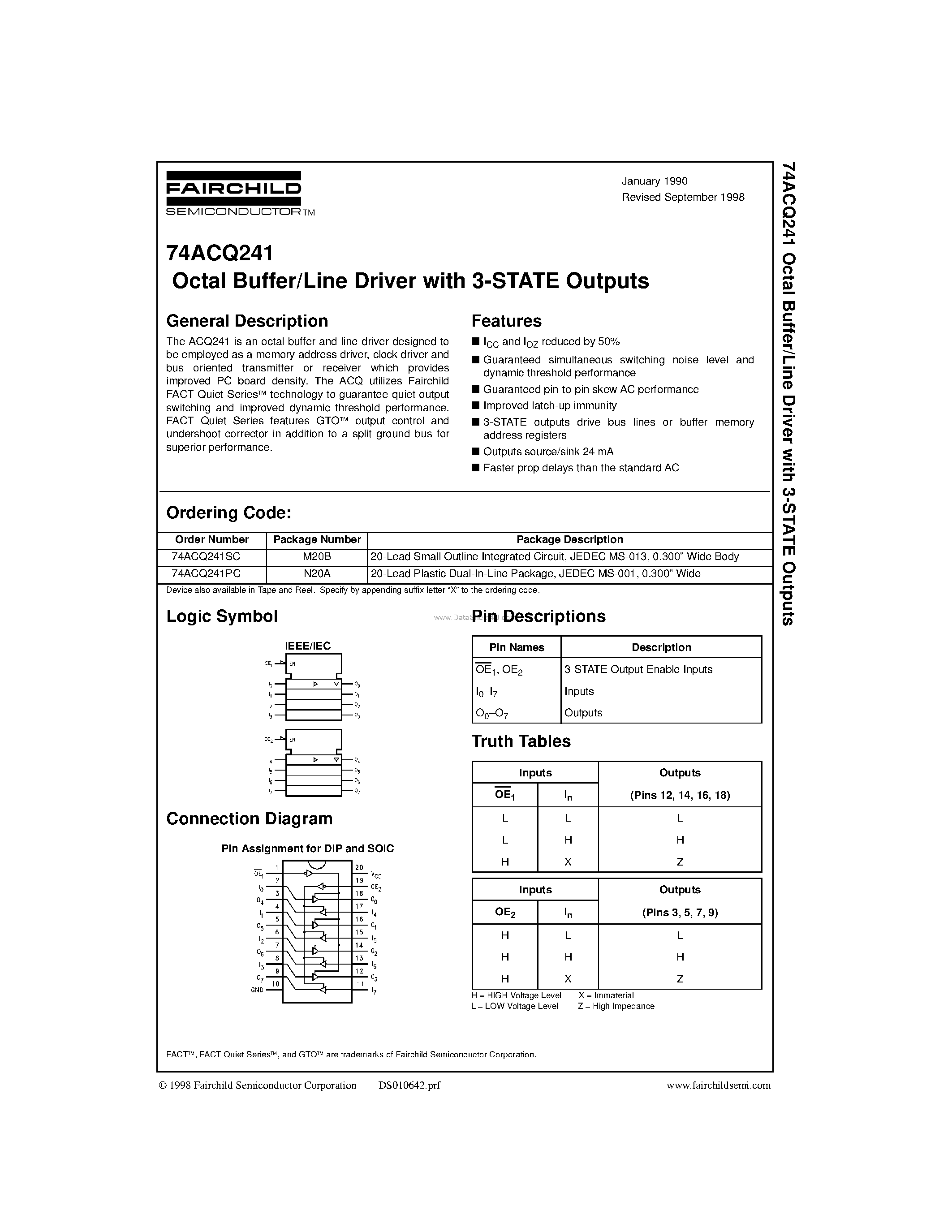 Datasheet 74ACQ241 - Octal Buffer/Line Driver with 3-STATE Outputs page 1