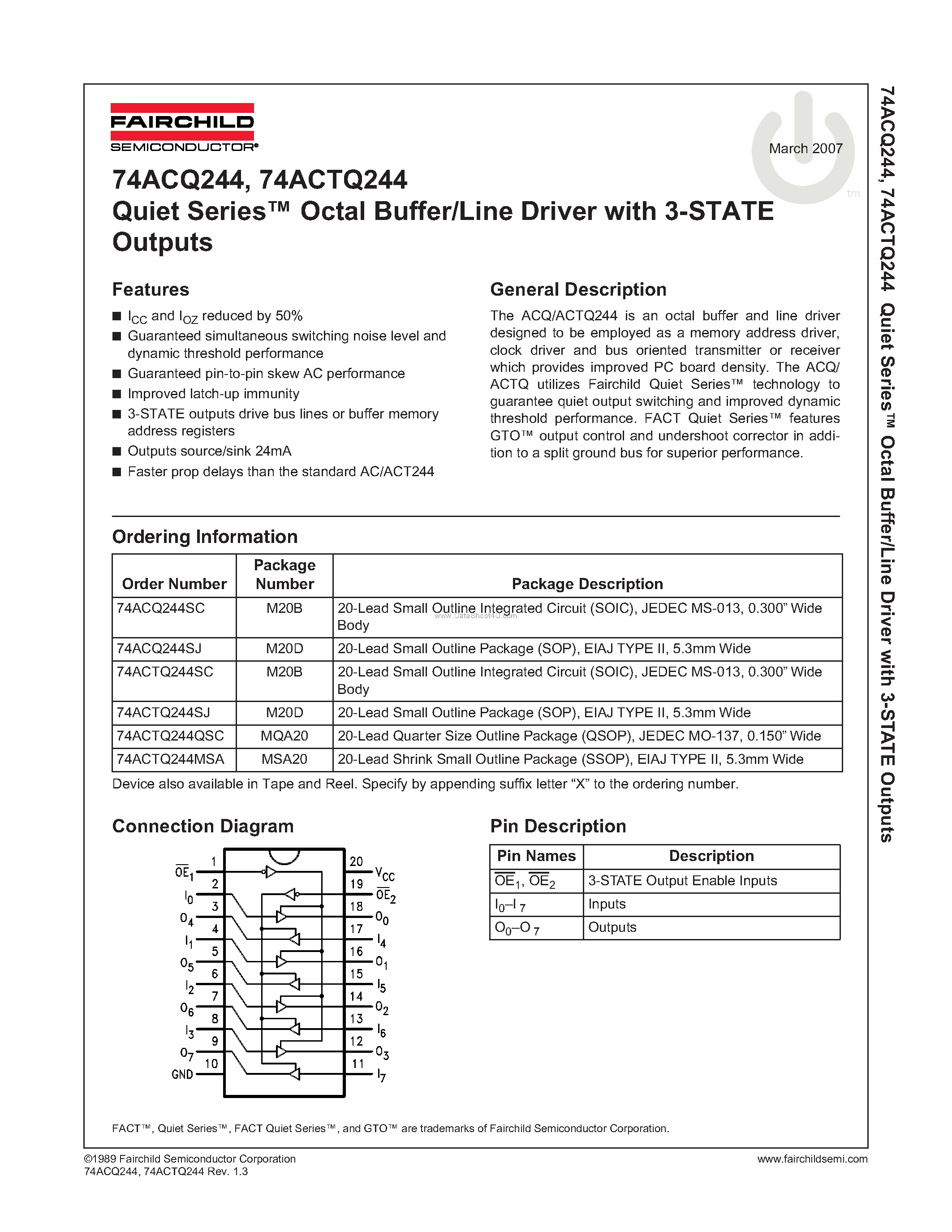 Datasheet 74ACQ244 - Quiet Series. Octal Buffer/Line Driver with 3-STATE Outputs page 1